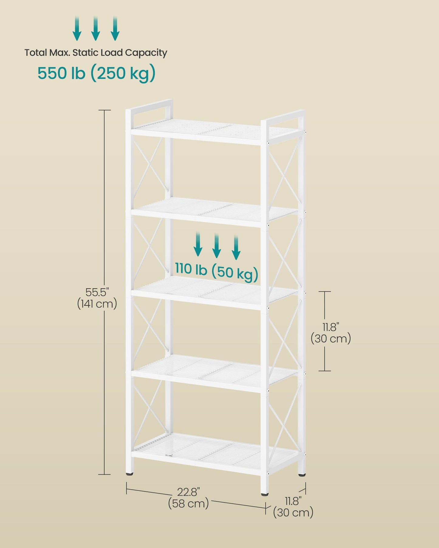 SONGMICS Metal Storage Rack, Shelving Unit with X Side Frames, Dense Mesh, for Entryway, Kitchen, Living Room, Bathroom, Industrial Style, 5-Tier, 11.8 x 22.8 x 55.5 Inches, Cloud White UBSC165W01V1