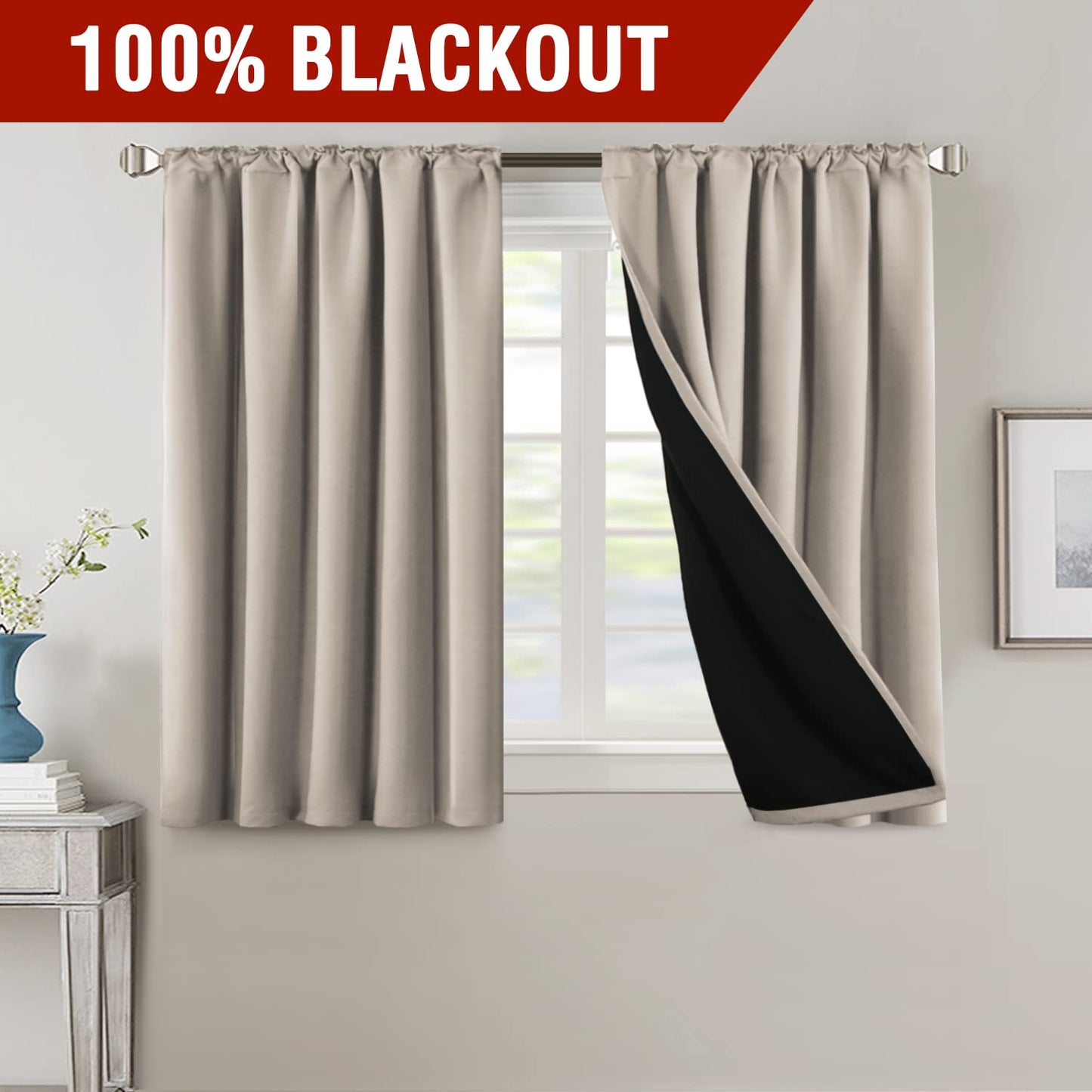 100% Blackout Curtains for Bedroom with Black Liner Full Room Darkening Curtains 45 Inches Long Thermal Insulated Back Tab/Rod Pocket Window Treatment Drapes for Living Room, Natural, 2 Panels