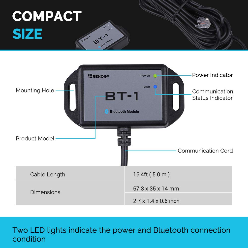 Renogy Bluetooth Module with RJ12 Communication Port, Monitoring via Smartphone for Solar Charge Controller, (New Version)