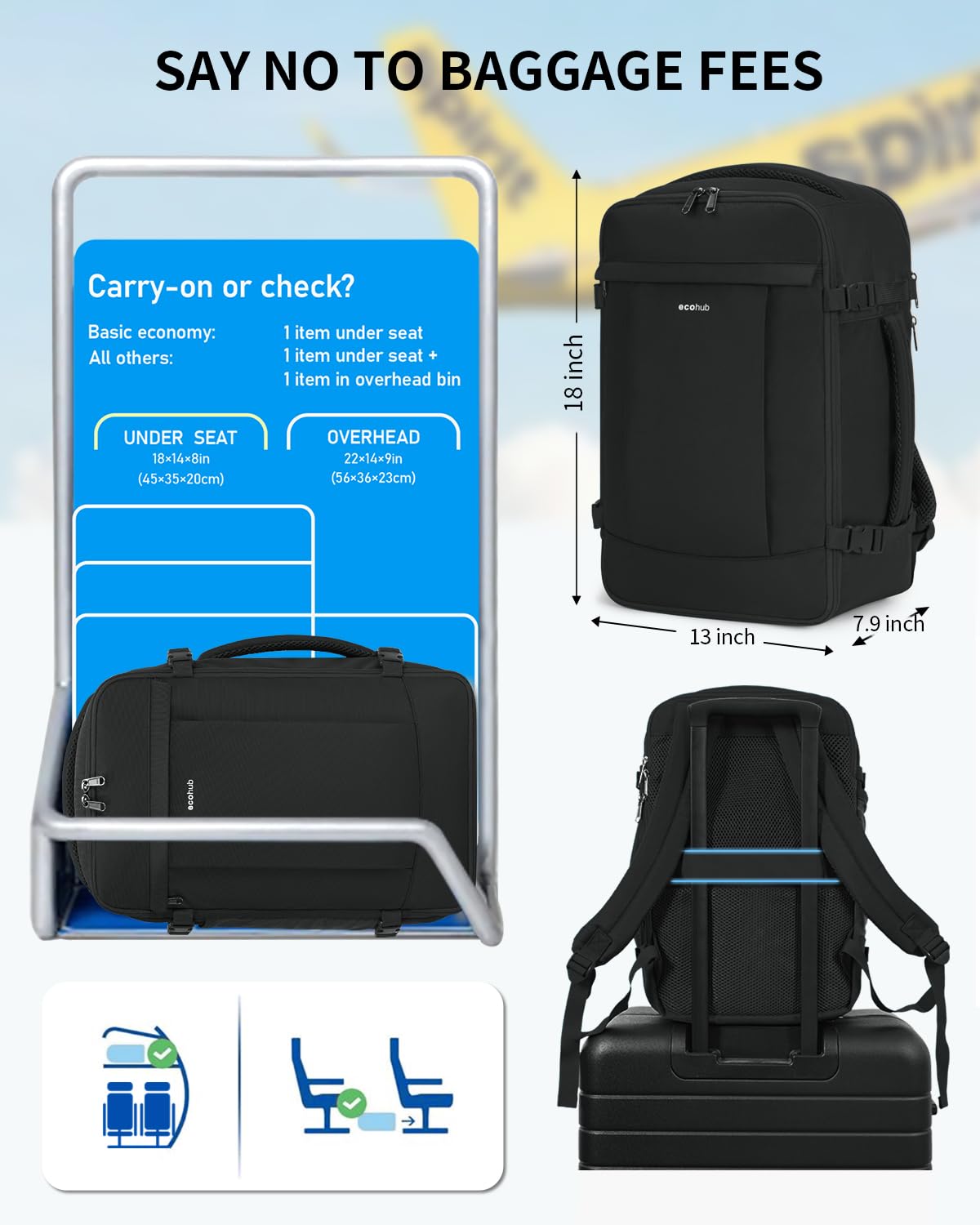 ECOHUB Travel Backpack for Women Men 17.3" Laptop Backpack Flight Approve Carry On Backpack Luggage with USB Charging Port Anti Theft Water Resistant Travel School Casual Work Backpacks 30L Black