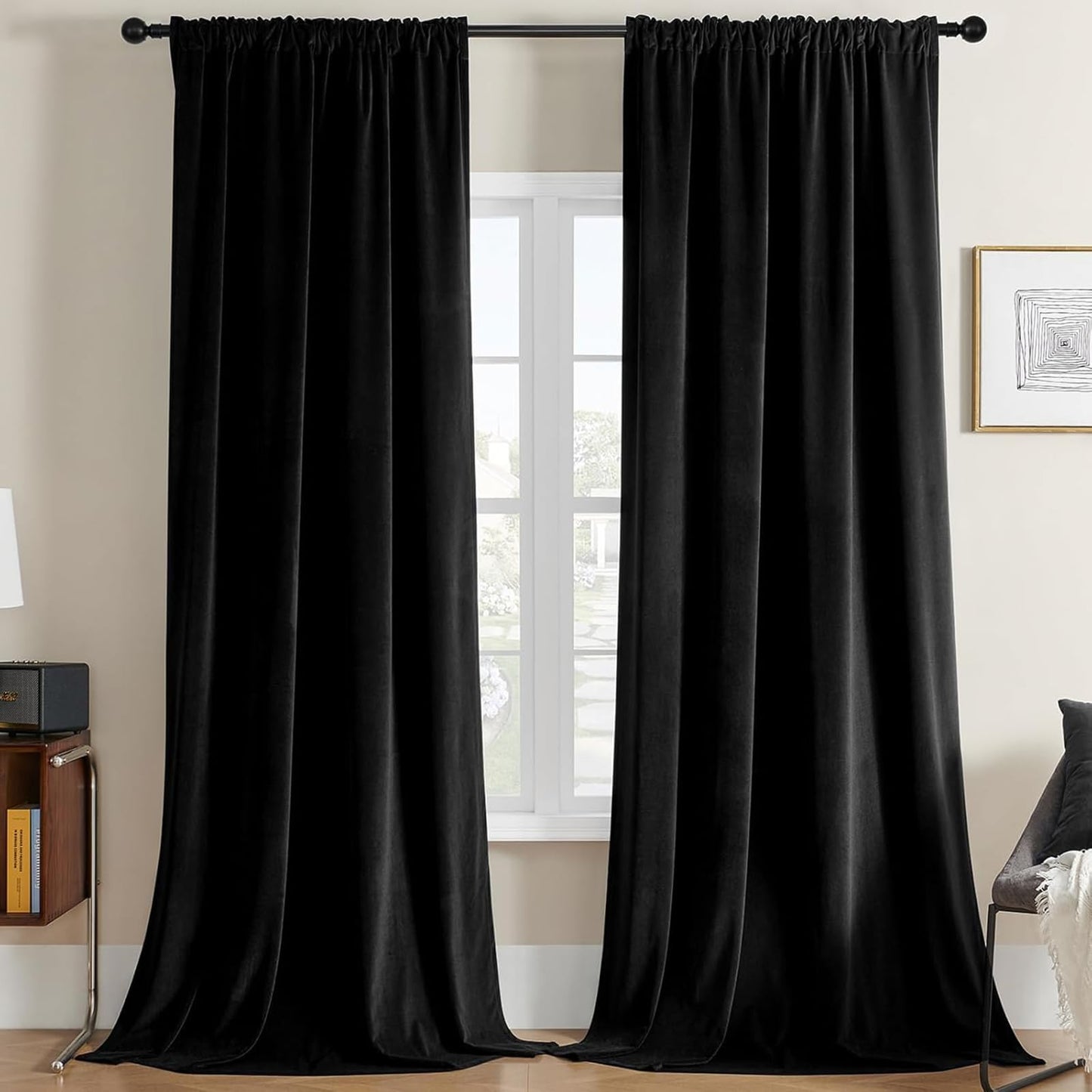 Joydeco Black Velvet Curtains 84 inch Length 2 Panels Burg Set, Luxury Rod Pocket Thermal Insulated Window Blackout Curtain, Room Darkening Drapes for Living Dining Room Bedroom Privacy