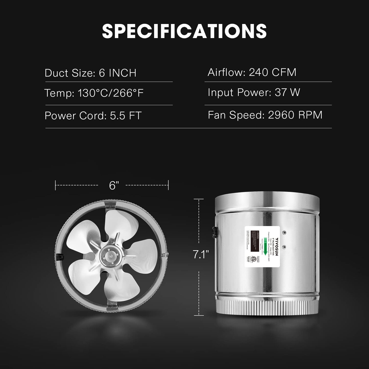 VIVOSUN 6 Inch Inline Duct Fan 240 CFM, HVAC Exhaust Ventilation Fan with Low Noise for Basements, Bathrooms, Kitchens and Attics, Silver