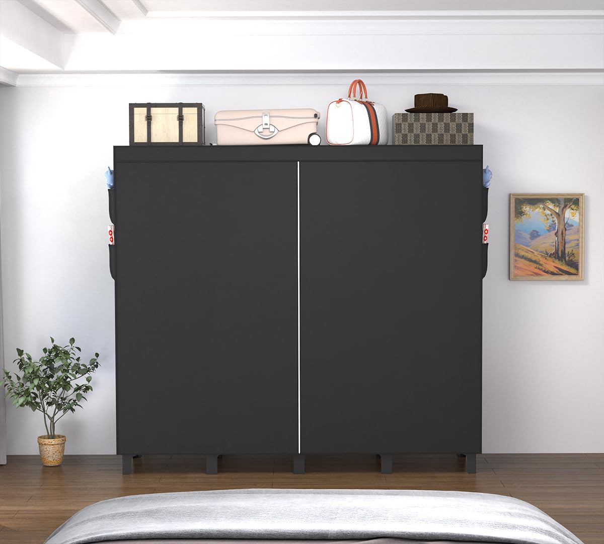 Portable Wardrobe, Large Capacity Closet Storage with Cloth Cover, Dustproof, Waterproof, Side Pockets, Simple Wardrobe Organizer, 51.2 inches, Depth 17.8 inches (Black, Extra Large)