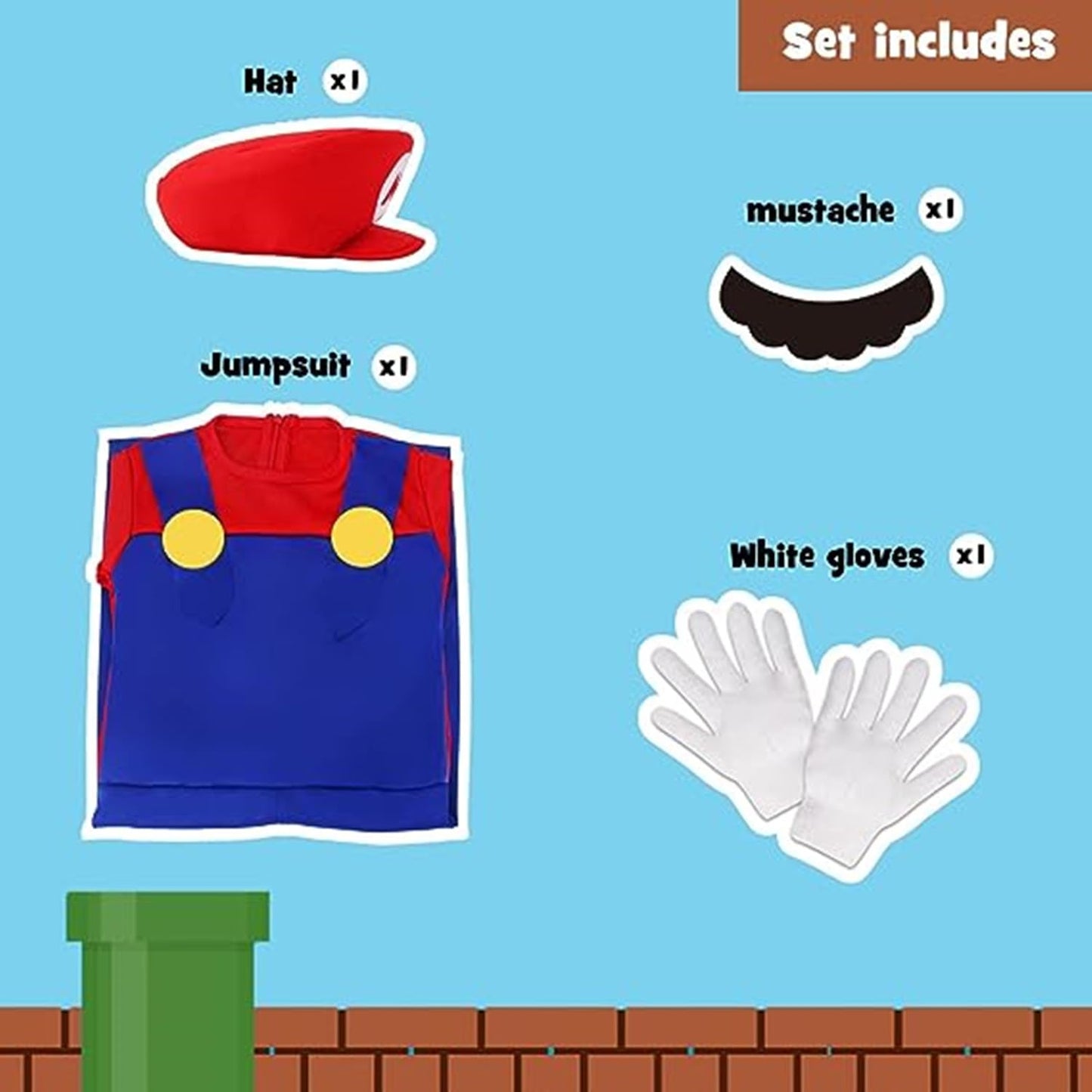 Boys Halloween Costumes,Super Brothers Costumes,With Gloves, Hat, Moustache,Fancy Dress Role Play Costumes (L)