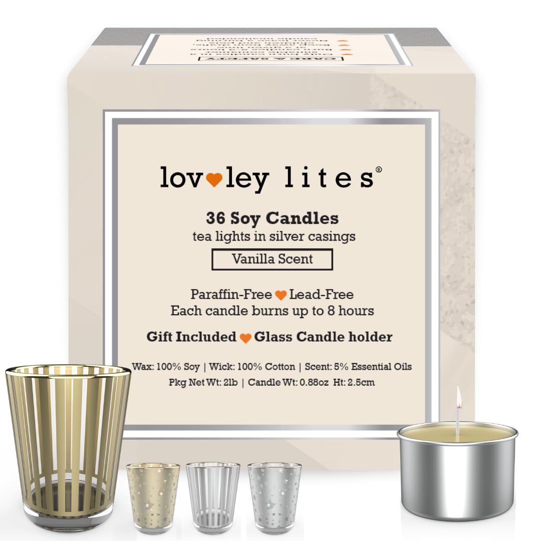 Lovley Lites Soy Tealight Candles Vanilla - 36 Premium Long Burning 1 Inch Tall Tea Lights Scented with Complimentay Glass Candle Holder