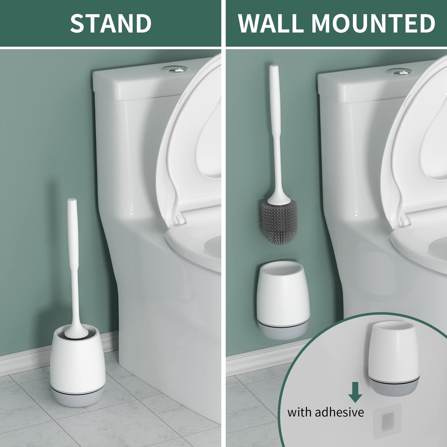 Hibbent 2 Pack Toilet Brush with Ventilated Drying Holder, Silicone Toilet Bowl Brush Bathroom Cleaning Bowl Brush Kit Sturdy Cleaning Toilet Brush, Floor Standing & Wall Mounted Without Drilling
