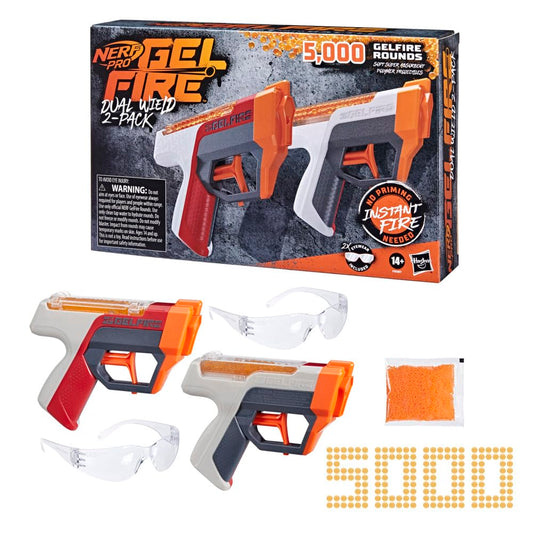 Nerf Pro Gelfire Dual Wield Pack, 2 Blasters, No-Prime Firing, 5000 Gelfire Rounds, 2X 100 Round Integrated Hoppers, 2 Eyewear, Ages 14 & Up