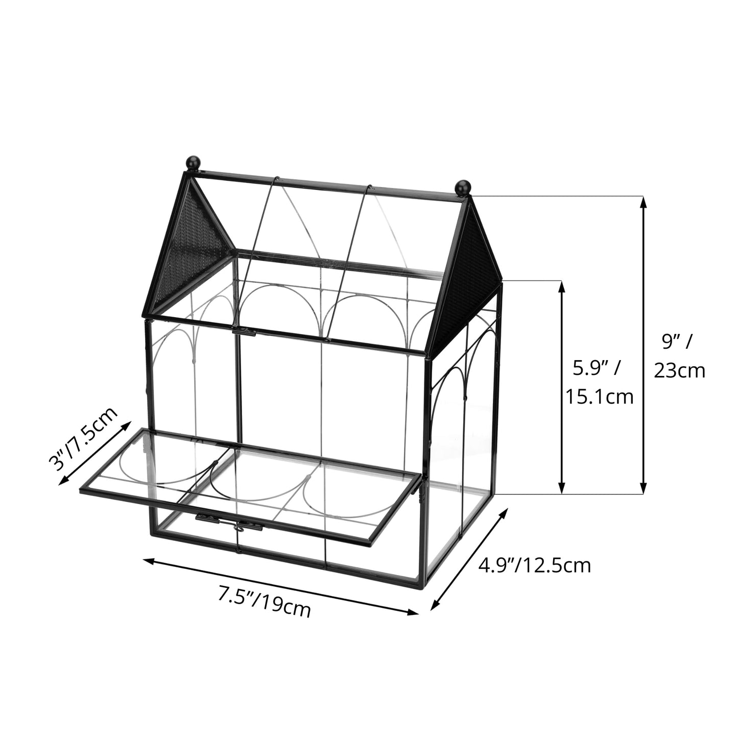 NCYP Glass Enclosure with Vent Holes for Insect, Spiders, Snails - 19 x 12.5 x 23 cm Small Closed Front Opening Door Succulent Terarium - House Shape Habitat, Home Decor Black (No Plants)