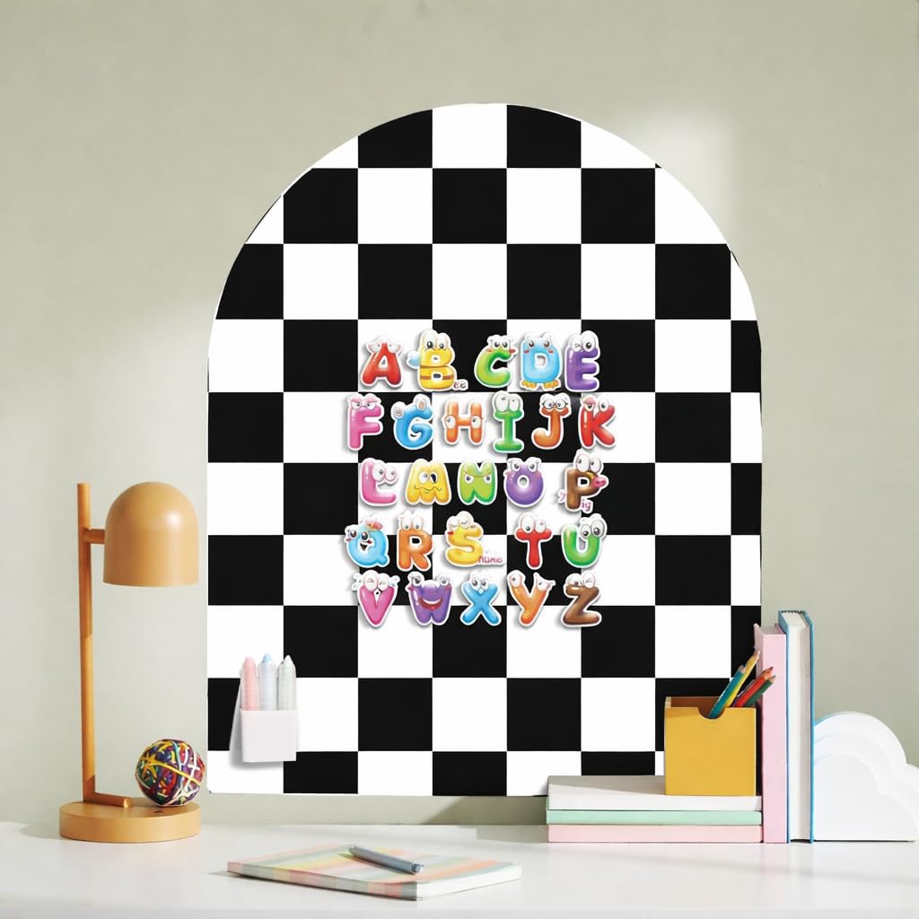 Magnetic Chalkboard for Wall, 24" x 40" Peel and Stick Arch Felt Magnetic Board, Chalkboard Wall Decal, Wall Safe Removable Reusable, Black & White Checkered Play Room Home Office Decor