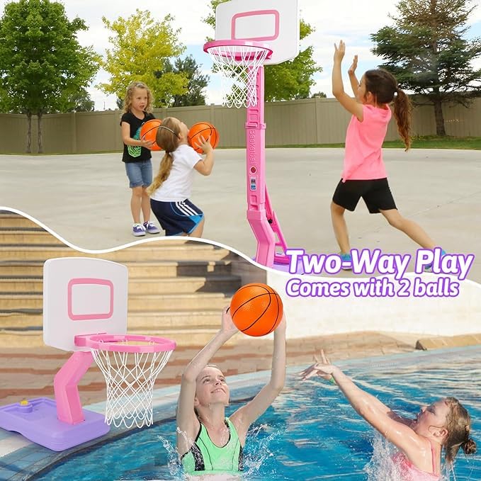 Basketball Hoop Indoor for Toddler, Adjustable Portable Basketball Hoop Set, Poolside Outdoor Backyard Outside Basketball Game Toy for Kids Age 3 4 5 6 7 8 (Pink Hoop)