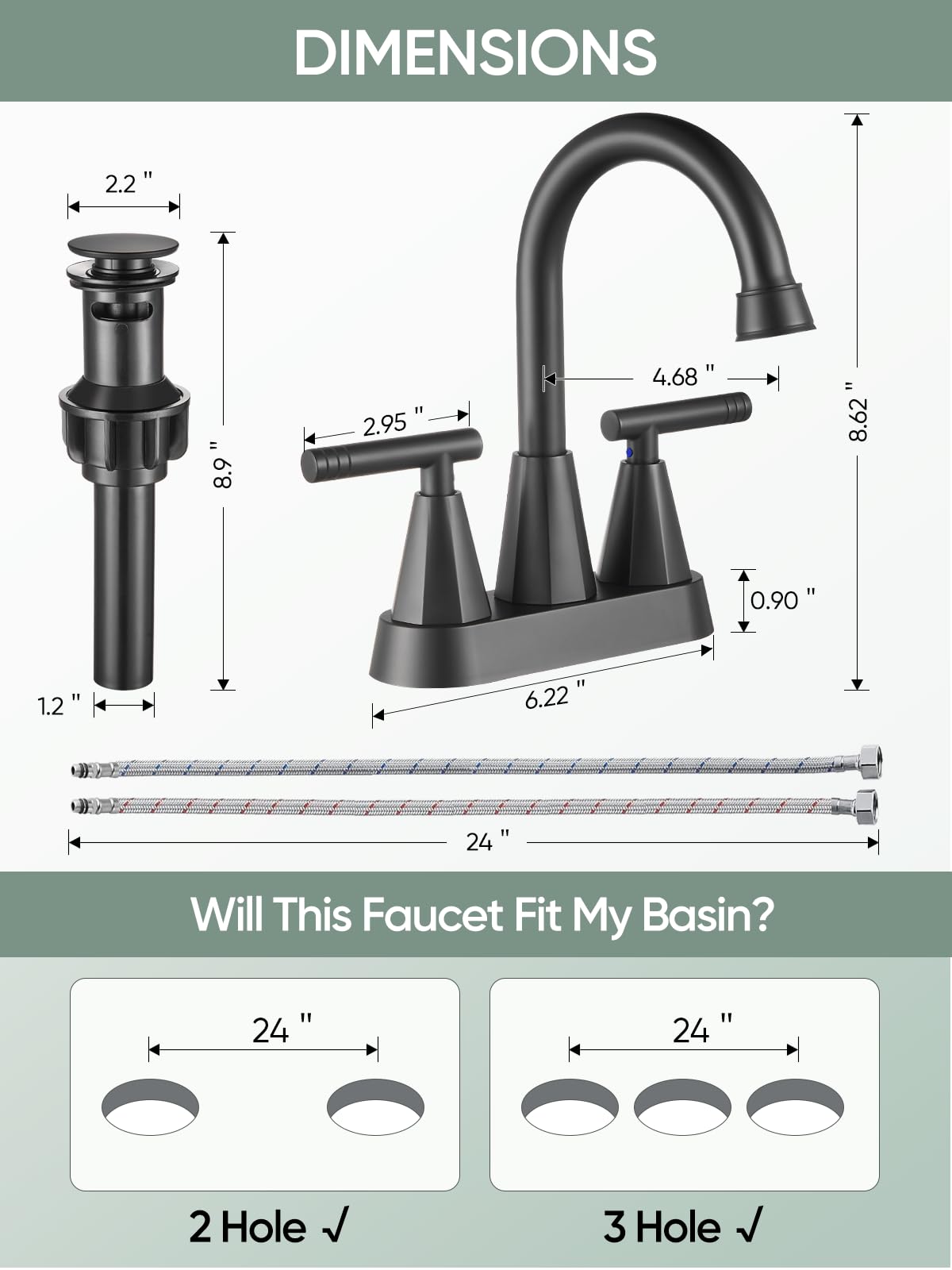 Cobbe Bathroom Faucets 3 Hole, 4 Inch Bathroom Sink Faucet with Pop Up Drain and 2 Supply Hoses, 2 Handle Centerset Bathroom Faucet, Matte Black