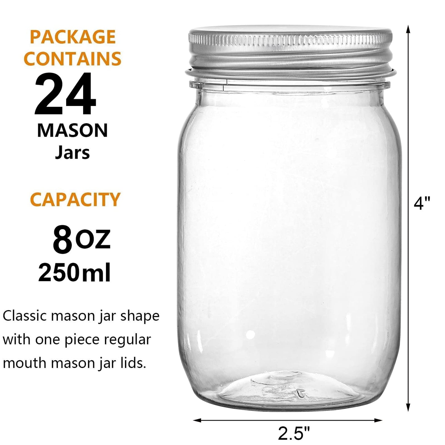 Tebery 24 Pack Clear Plastic Mason Jars with One Piece Lids, 8OZ Mason Cocktail Cup Shatterproof Drinking Jar, Refillable Empty Slime Storage Containers for Overnight Oats, Honey, Spices and Herbs