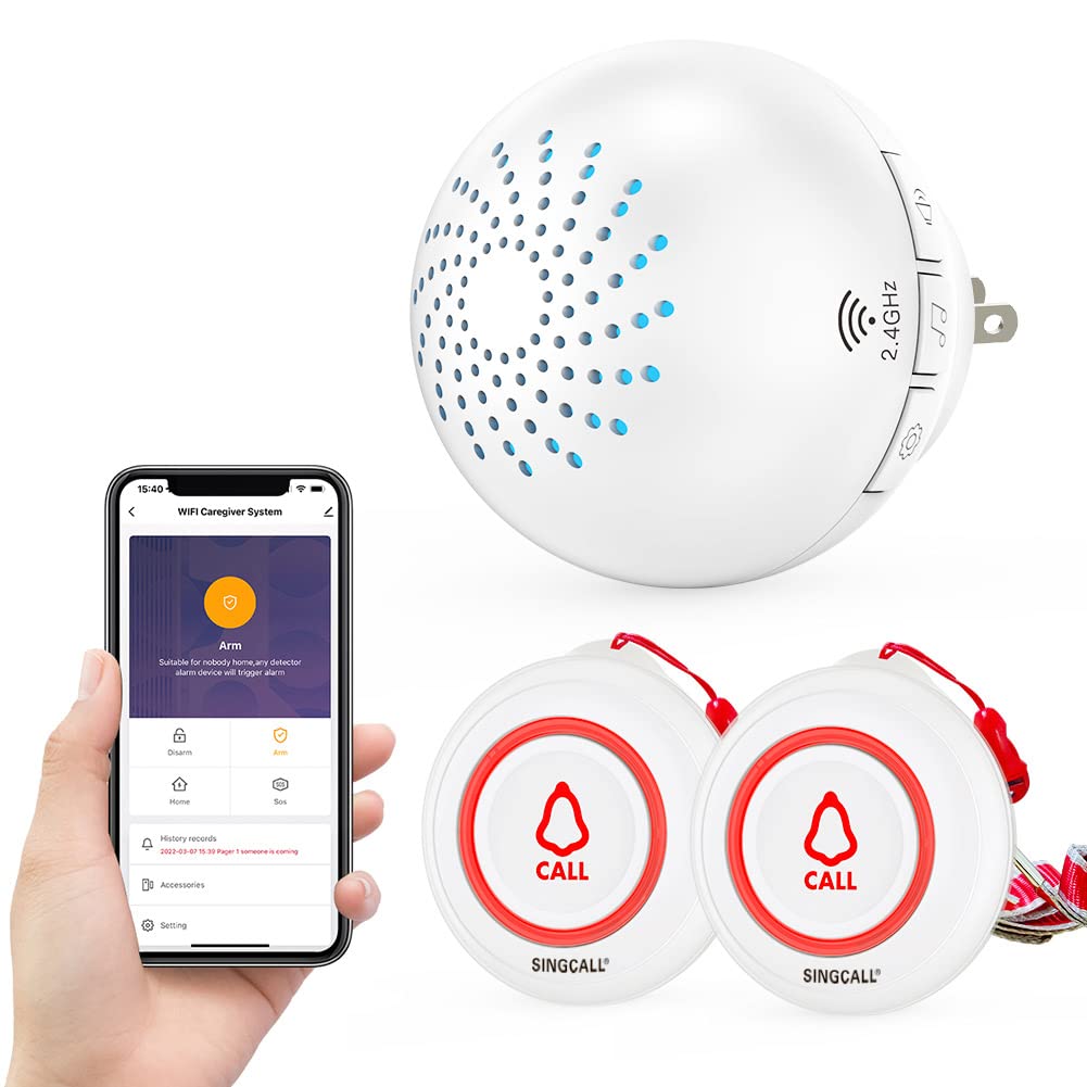 SINGCALL Tuya WiFi Smart SOS Emergency Wireless Caregiver Pager Calling System Home Caring for Old People Patients Children 2 Transmitters 1 Plugin Receiver