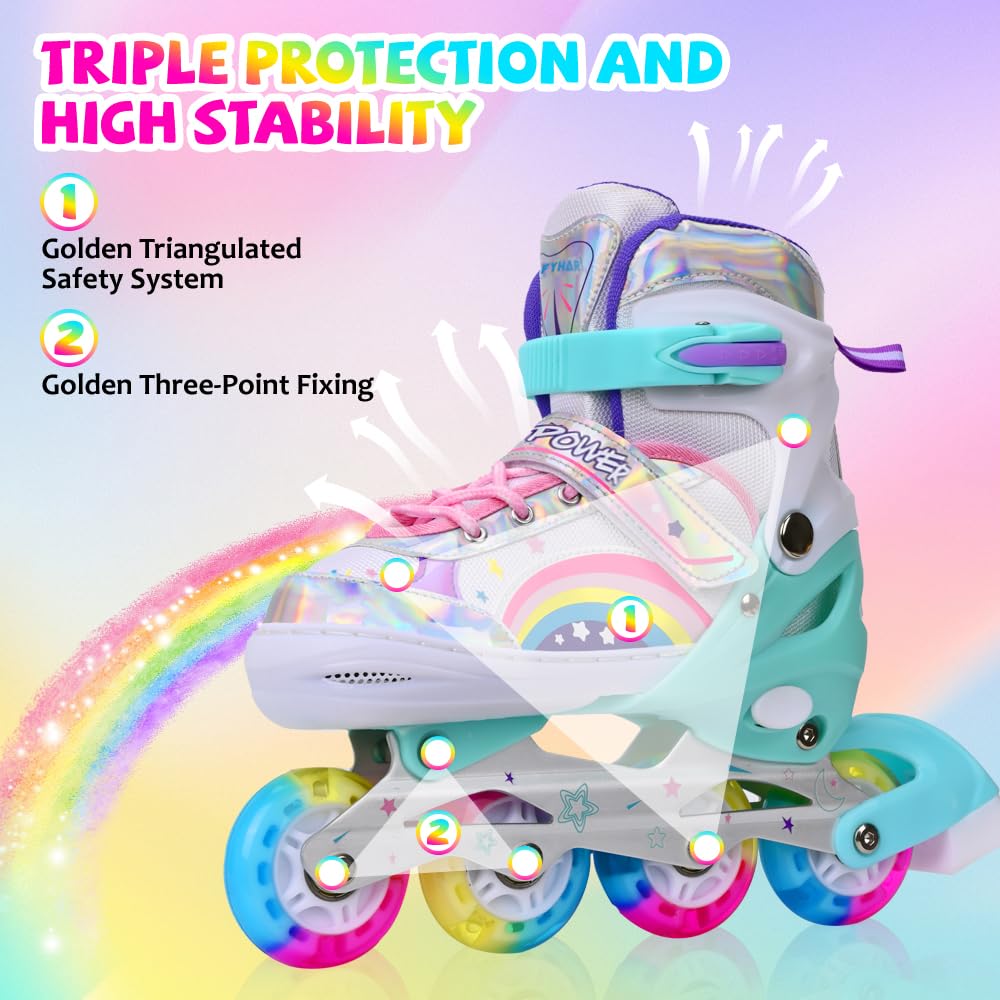 Adjustable Inline Skates for Kids Girls Children Beginners, Rainbow Inline Roller Skates with Light Up Wheels for Kids and Youth for Sports (Small)