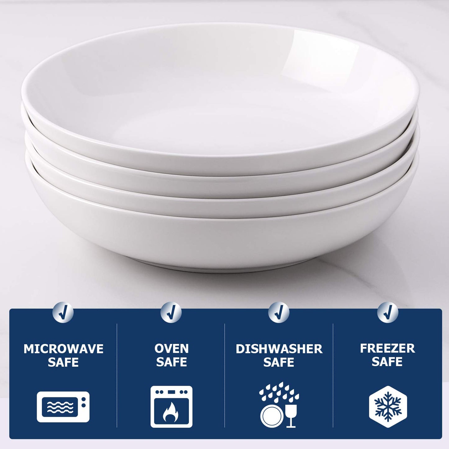 DOWAN 9.75" Wide Pasta Bowls, Ceramic Salad Bowls 50 Ounces, Large Serving Bowl Set of 4, Microwave and Dishwasher Safe, Shallow and Versatile, White