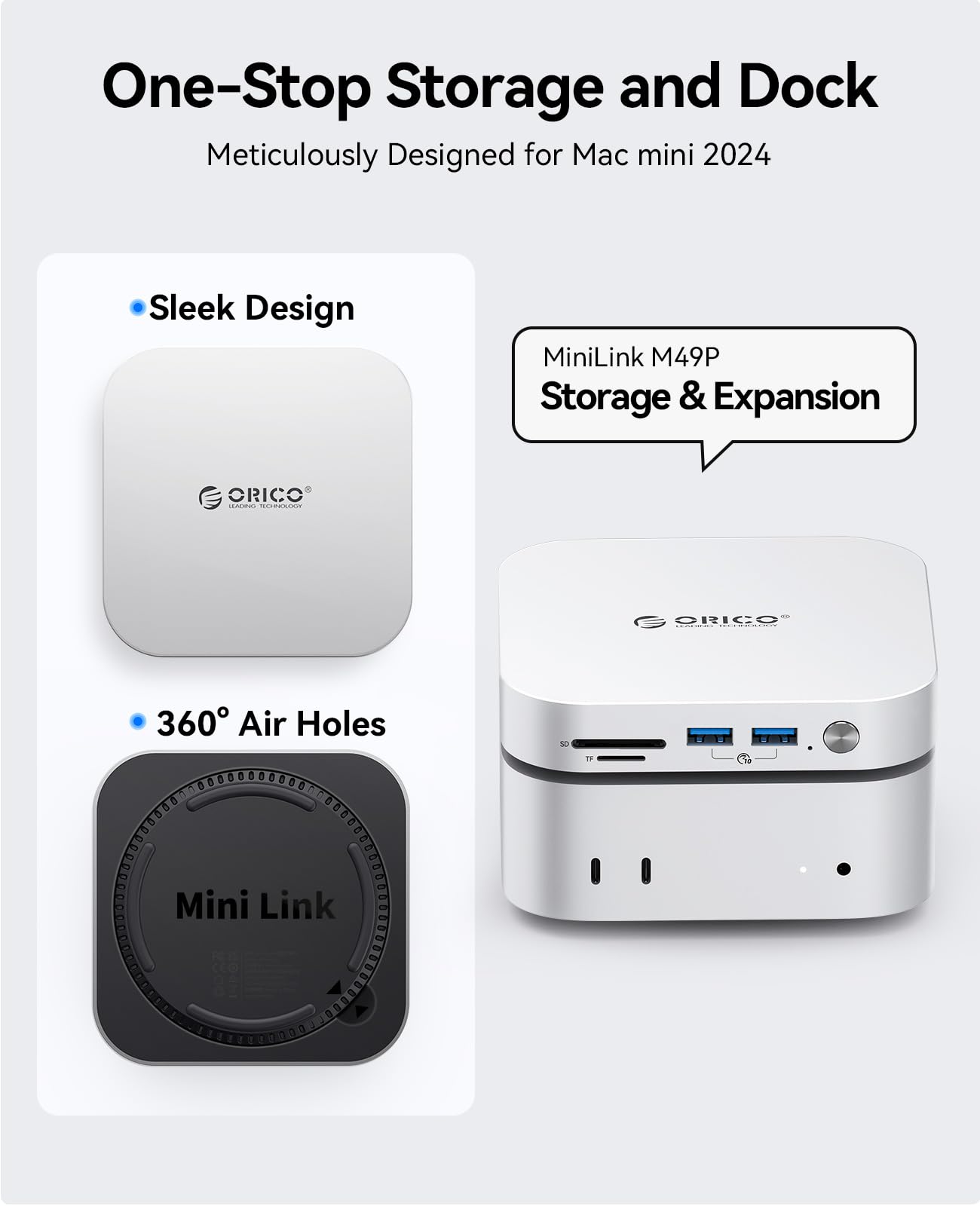ORICO MiniLink USB Hub Compatibility with Mac Mini M4, 9-in-1 Aluminum Dock with SSD Enclosure for NVME/SATA M.2, USB A 10Gbps, 3.0 SD/TF Card Readers, 3.5mm Audio Jack