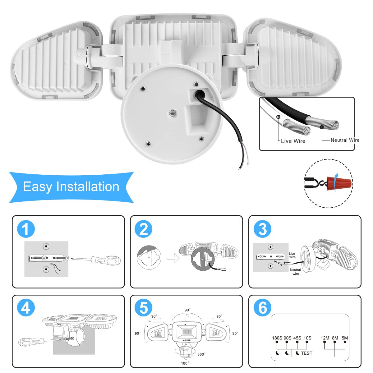Motion Sensor Light Outdoor, MEIKEE 42W 3600LM LED Security Flood Lights, IP65 Waterproof 6500K, 3 Adjustable Heads Motion Detected Outdoor Lighting for Garage, Yard, Patio, Pathway