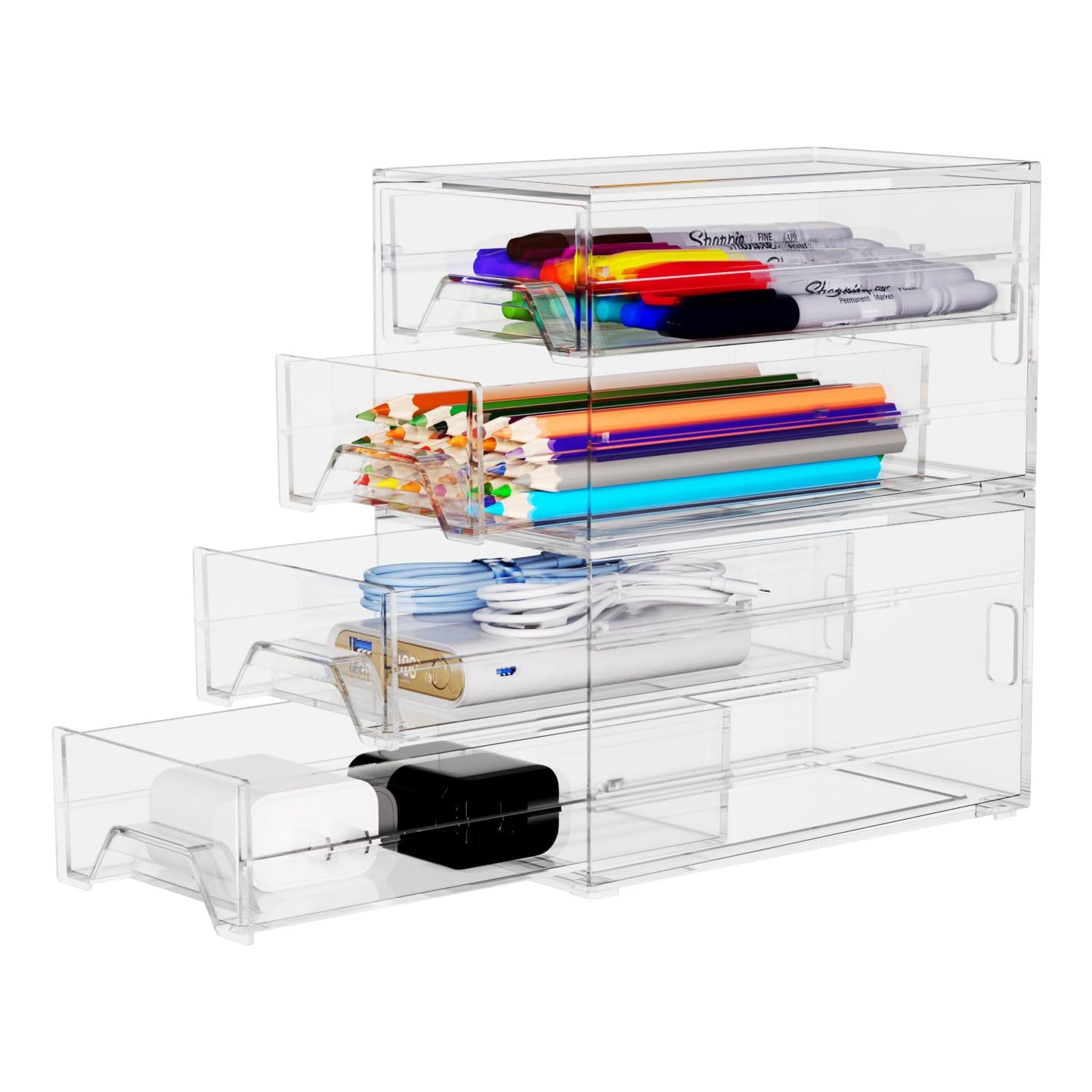 Clear Acrylic Desktop Organizer Drawers - Stackable Plastic Storage for Makeup, Craft Supplies, and Office Stationery - Transparent Vanity Cabinet & Aesthetic Desk Declutter Unit