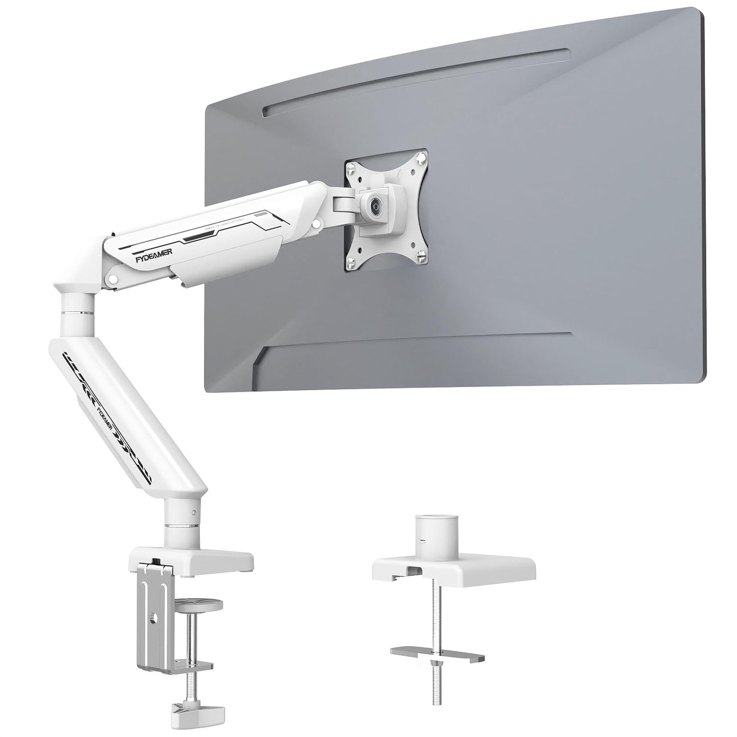 Fydeamer Monitor Arm, Gas Spring Monitor Stand for 17-35 Inch Screens up to 24.3 lbs, Adjustable Monitor Mount with C-Clamp & Grommet Base, Ergonomic Computer Monitor Mount (Single Arm White)