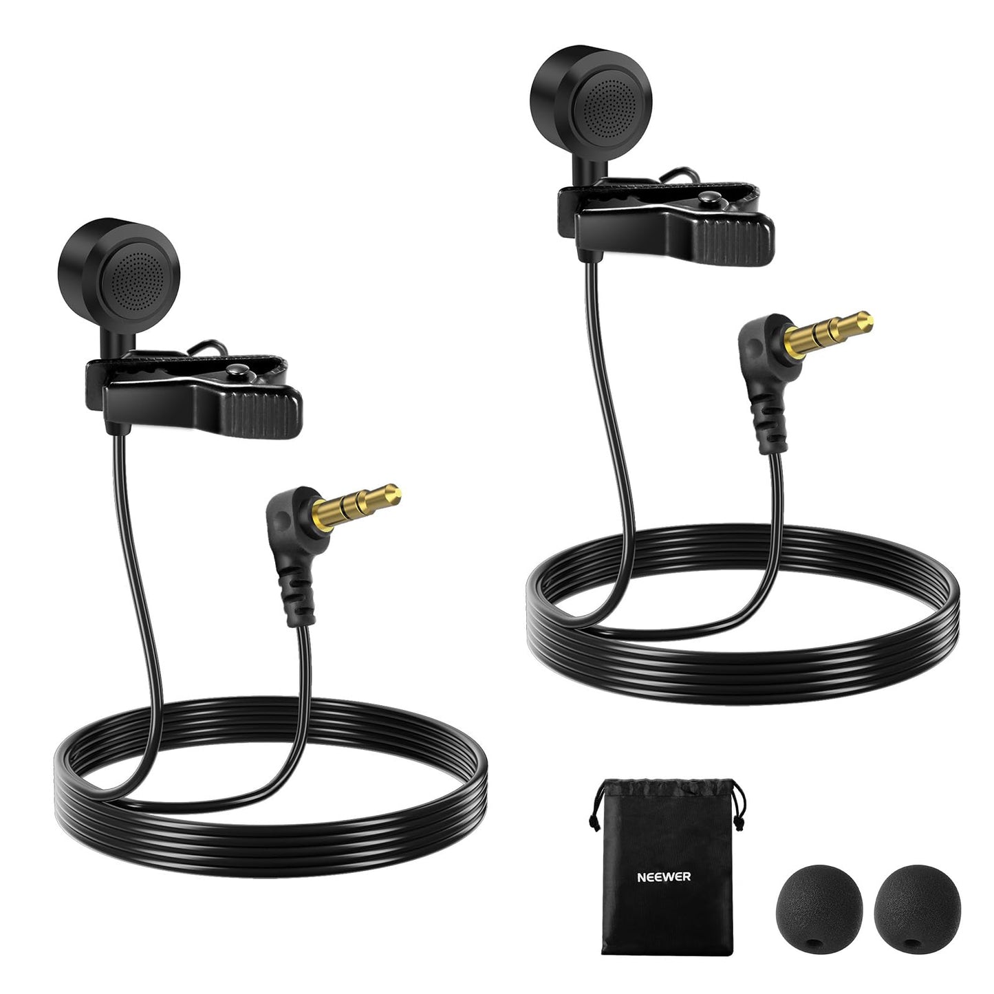 NEEWER ø9.7mm Lavalier Microphone (2 Pack), 3.5mm TRS Clip On Lapel Wired Omnidirectional Condenser Lav Mic with 1.5m Cable & Windscreen for Video Recording, Vlogging, Filming, LM10