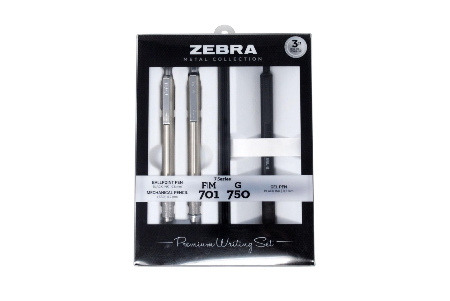 Zebra Pen Premium Writing Gift Set 3-Pack, Black Ink, Medium/Fine Point, Includes G-750 Gel Pen, F-701 Ballpoint Pen, and M-701 Mechanical Pencil, Metal Barrels, Refillable (10513)