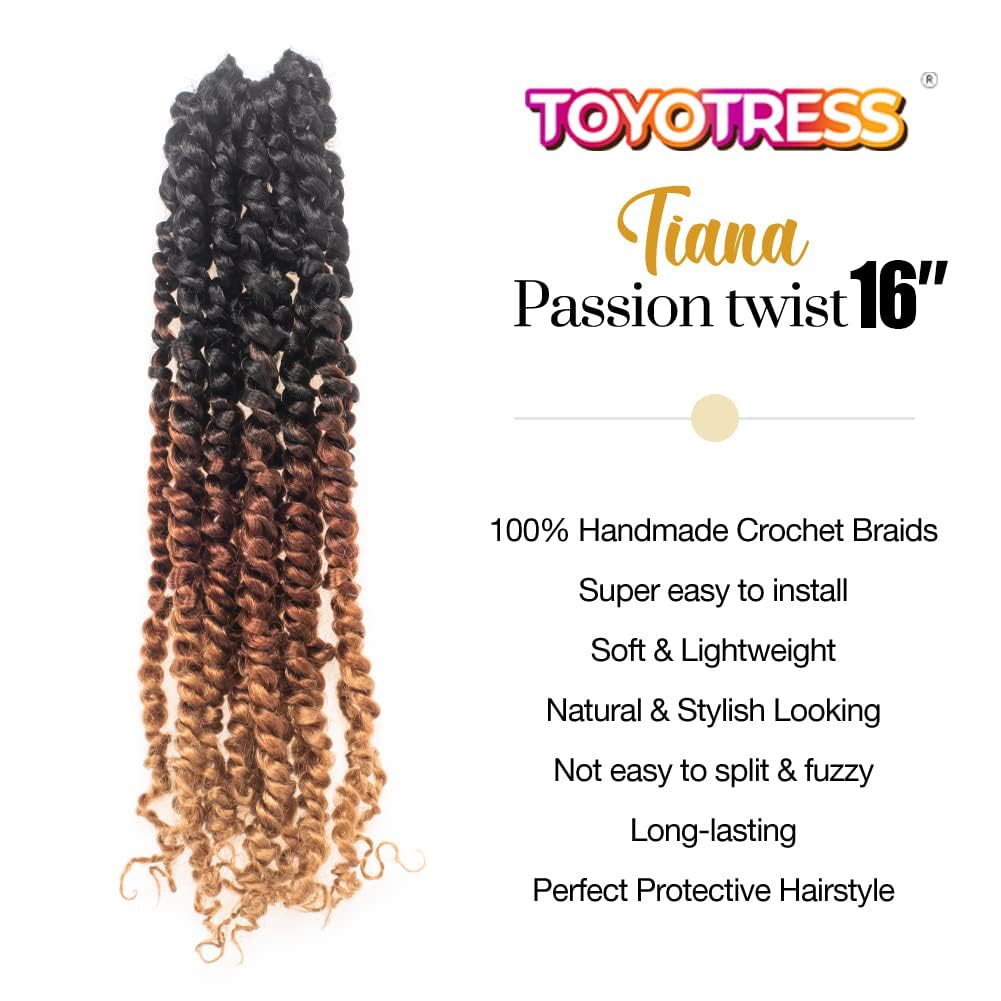ToyoTress Tiana Passion Twist Hair - 16 Inch 8 Packs Pre-twisted Crochet Braids Ombre Brown Blonde, Shoulder Length Pre-looped Synthetic Braiding Hair Extensions (16 Inch, OT30/27-8P)