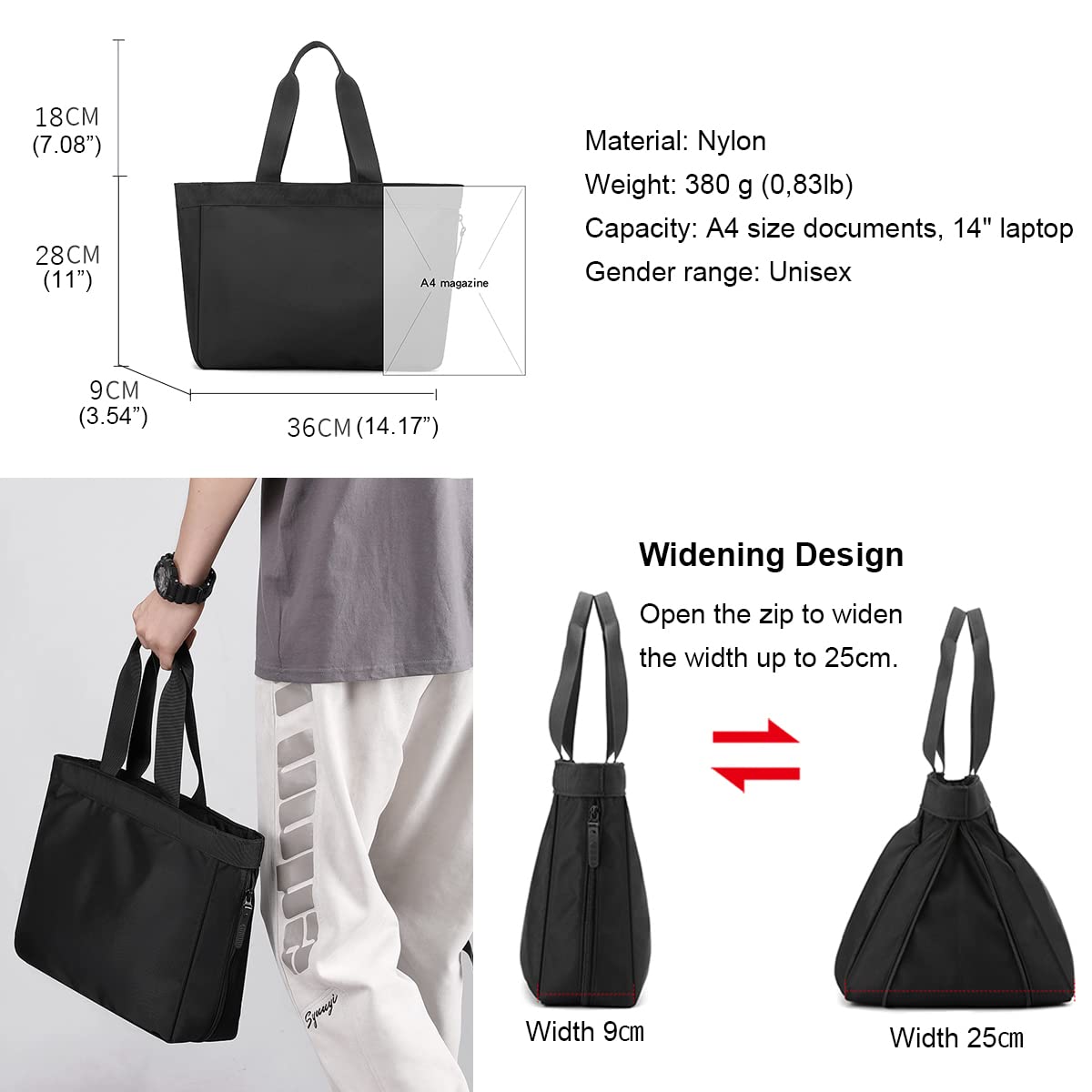 Men's Tote Bag 14-inch Laptop Nylon Waterproof Lightweight Business Casual Black Handbag for Work School Travel