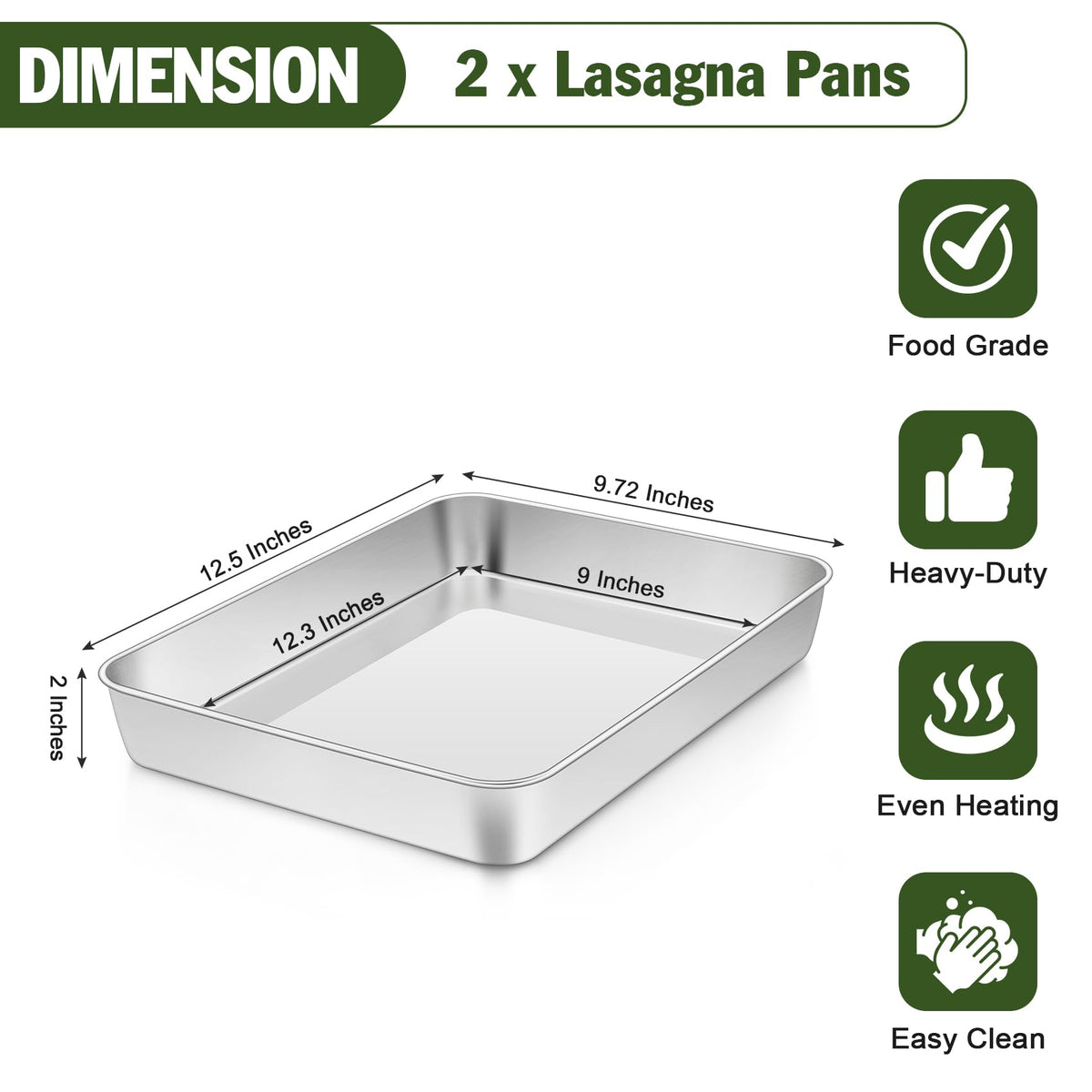 TeamFar 9.8’’x12.5’’ Baking Pan, Stainless Steel Rectangular Cake Brownie Lasagna Pan for Cooking, Healthy & Sturdy, One-piece & Even Heat, Oven & Dishwasher Safe - Set of 2