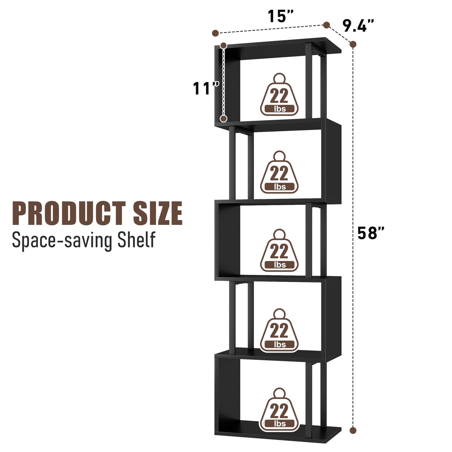 Gadroad 5-Tier Bookshelf, Narrow S-Shaped Geometric Bookcase,Modern Freestanding Display Shelves, Book Shelf Unit for Living Room Bedroom Home Office, Black