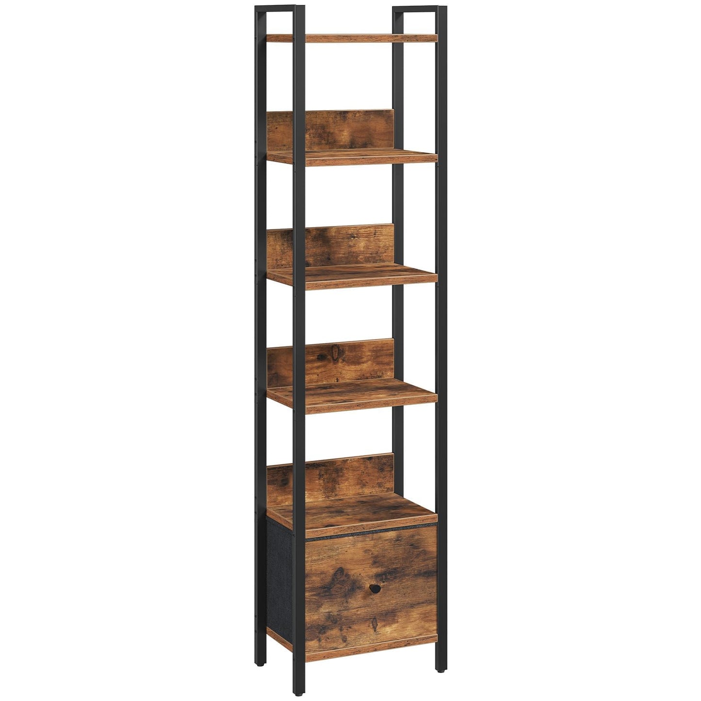 MAHANCRIS Bookshelf, 6 Tier Tall Narrow Bookcase with Drawer, Industrial Shelf Storage Organizer, Display Shelving Unit for Living Room, Home Office, Study, Rustic Brown and Black BKHR66101