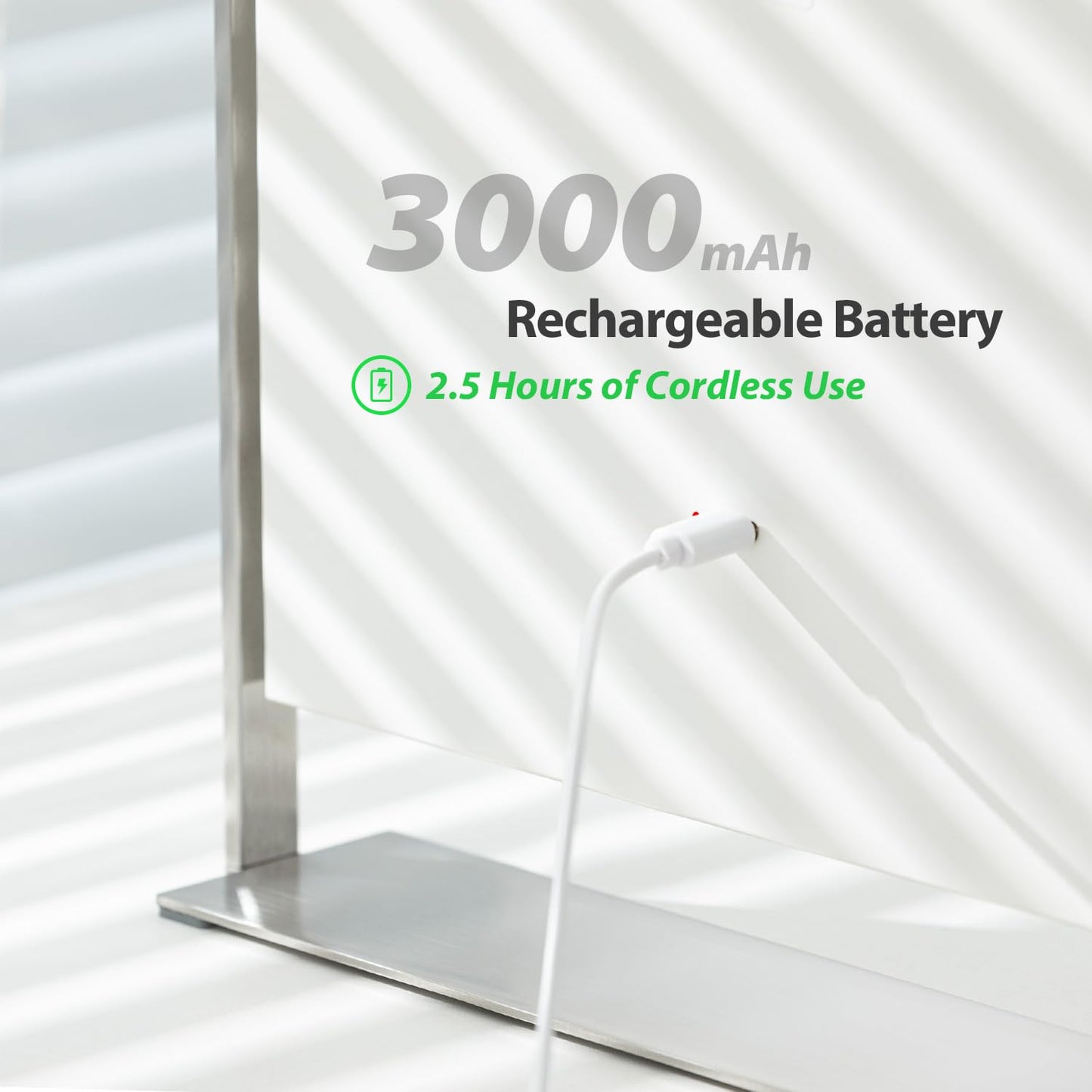 14 Inch Rechargeable Lighted Makeup Mirror, Vanity Mirror with 104 LED Lights, Rectangular Desk Mirror with Light, Metal Table Mirror with Stand, 3000mAh Battery