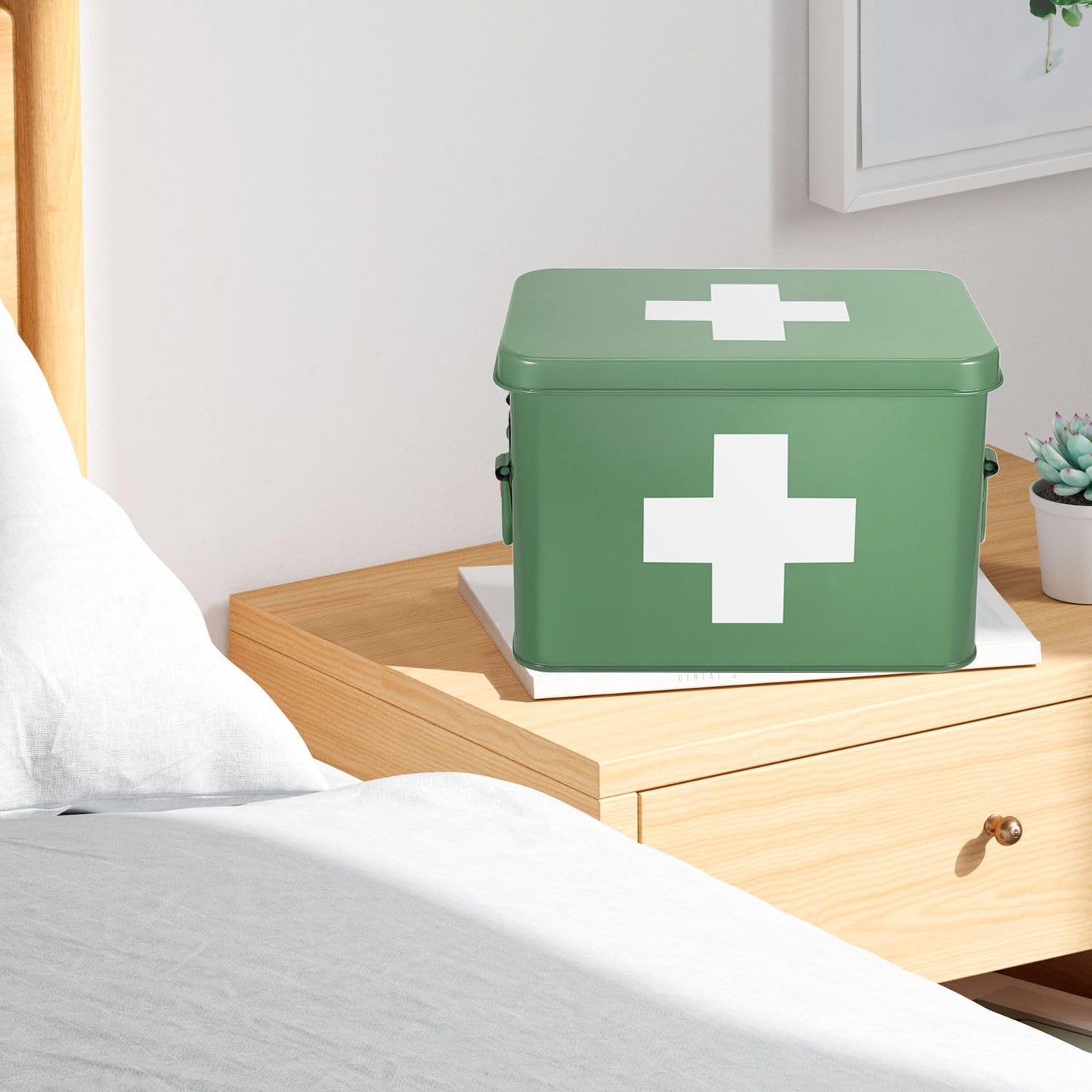 Flexzion First Aid Box Organizer, Empty 8.5 Inch Green Vintage First Aid Kit Tin Metal Medical Box First Aid Storage Box Container Bins with Dividers, Removable Tray and Cross Logo