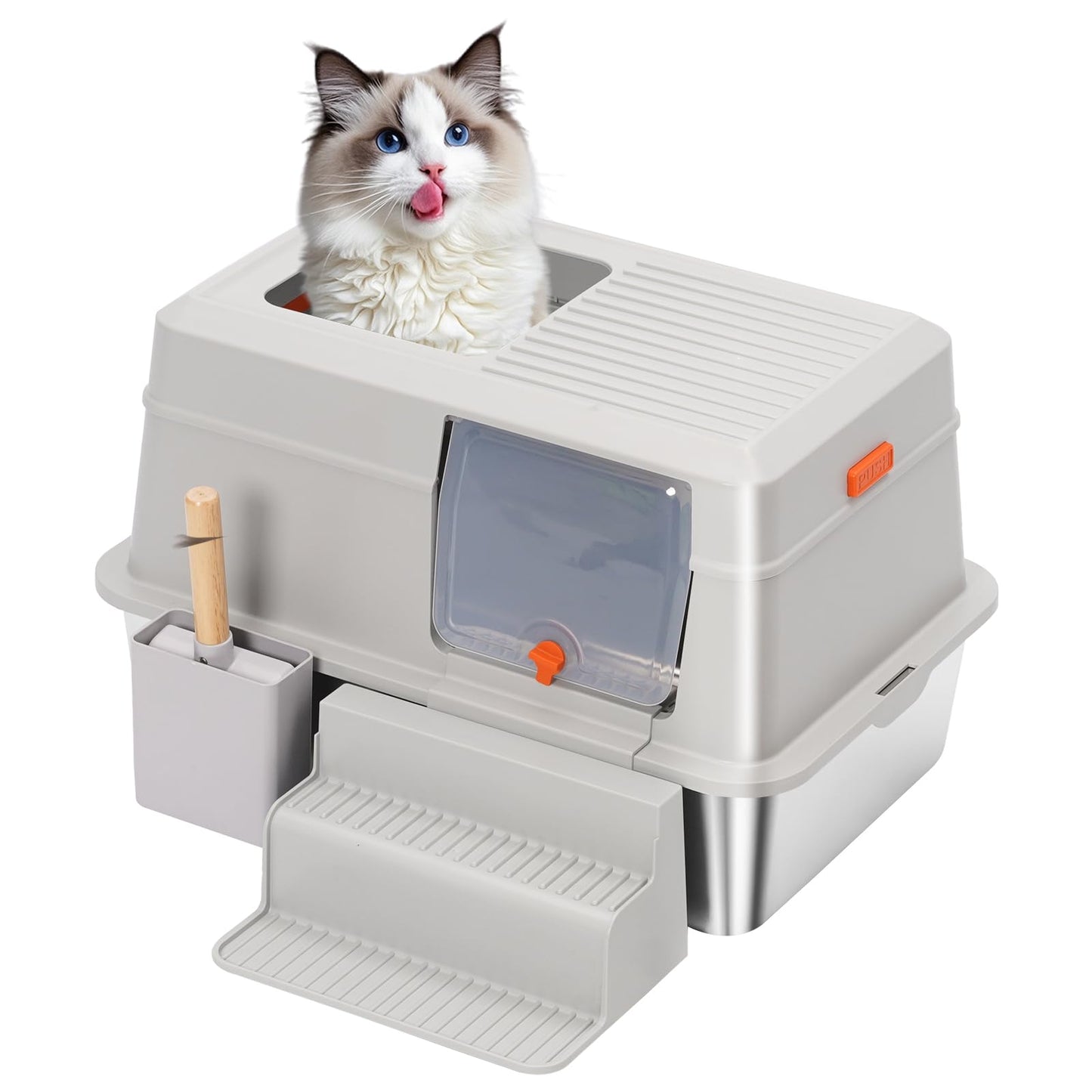 Large Top Entry Stainless Steel Litter Box with Lid,for Large Cats, with Removable Lid, Pedal and Scoop. Odor-Free, Easy to Clean, Anti-Urine Leakage, for Big/Multiple Cats (Grey)