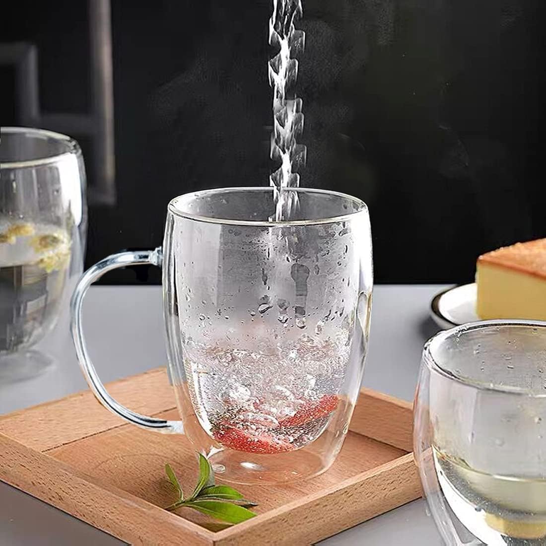 Double Wall Glass Coffee Mugs Glass Mug with Handles Double Wall Cappuccino Cups, 12oz of Set 4 Coffee Tea Mugs, Clear Glasses with Handle
