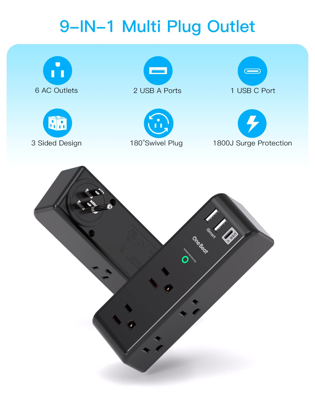 2 Pack Surge Protector Outlet Extender with Rotating Plug, 6 AC Multi Plug with 3 USB Ports (1 USB C), 1800 J, 3-Sided Swivel Power Strip with Spaced Splitter for Dorm Office, Black