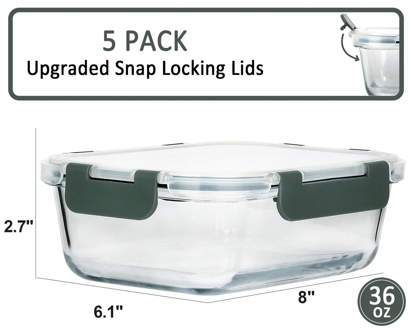 M MCIRCO [5-Packs, 36 Oz.] Glass Meal Prep Containers with Lifetime Lasting Snap Locking Lids Glass Food Containers,Airtight Lunch Container,Microwave, Oven, Freezer and Dishwasher (4.5 Cup)