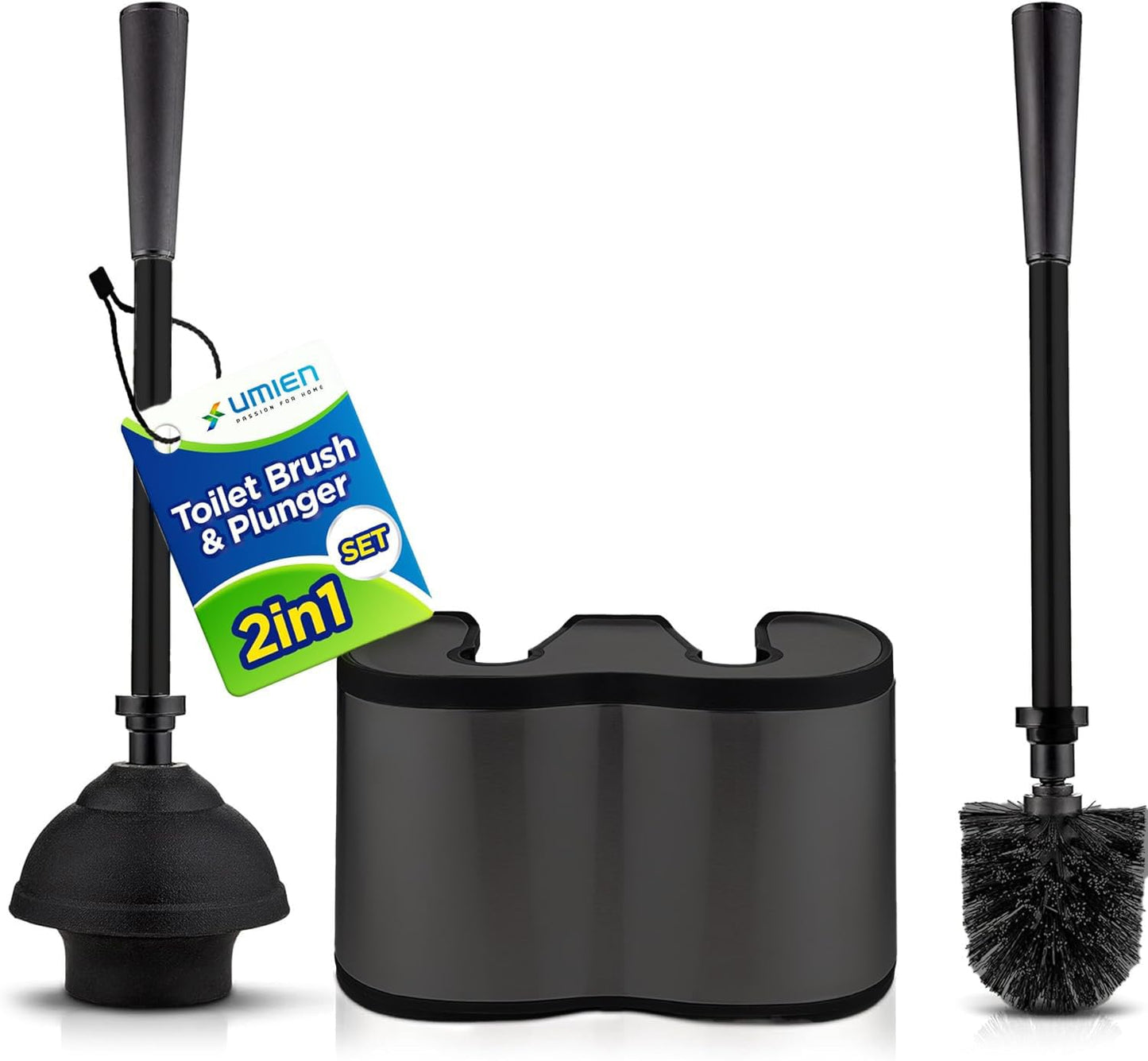 UMIEN™ Toilet Brush and Plunger Set - Black Stainless Steel Plunger and Toilet Brush Combo with Freestanding Canister - Modern and Sleek Bathroom Cleaning Accessories…