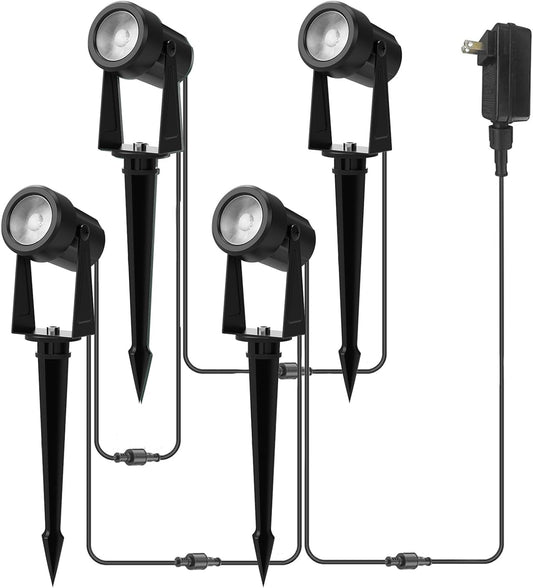 Banord Outdoor Landscape Lighting, 4 Pack Low Voltage LED Outdoor Spot Lights with Transformer, IP65 Waterproof, 2700K Warm White for Yard, Garden, Lawn, Plants
