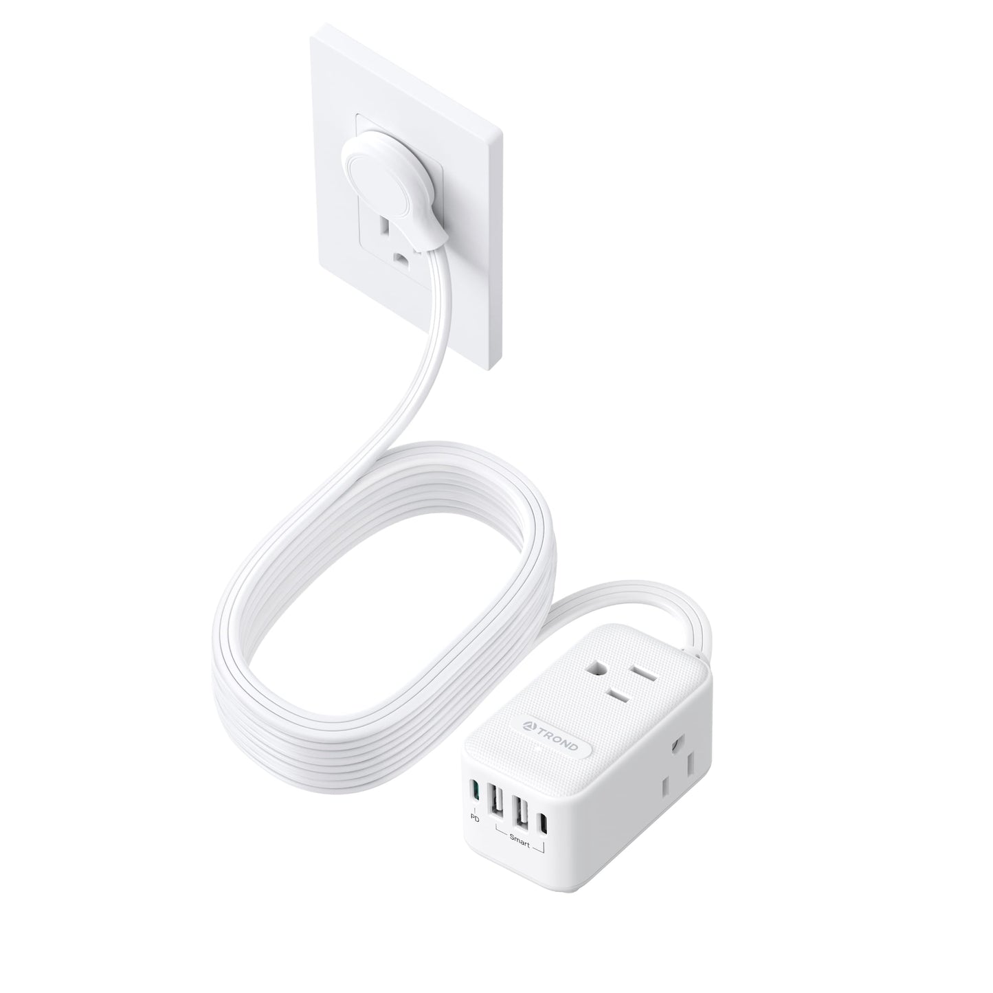TROND Flat Plug Extension Cord Indoor with PD 20W USB C, 15ft Right Angle Small Power Bar, 3 Way Multiple Outlets, 4 Charging Ports (2 USB-C), Home Office Supplies Dorm Room Essentials, White