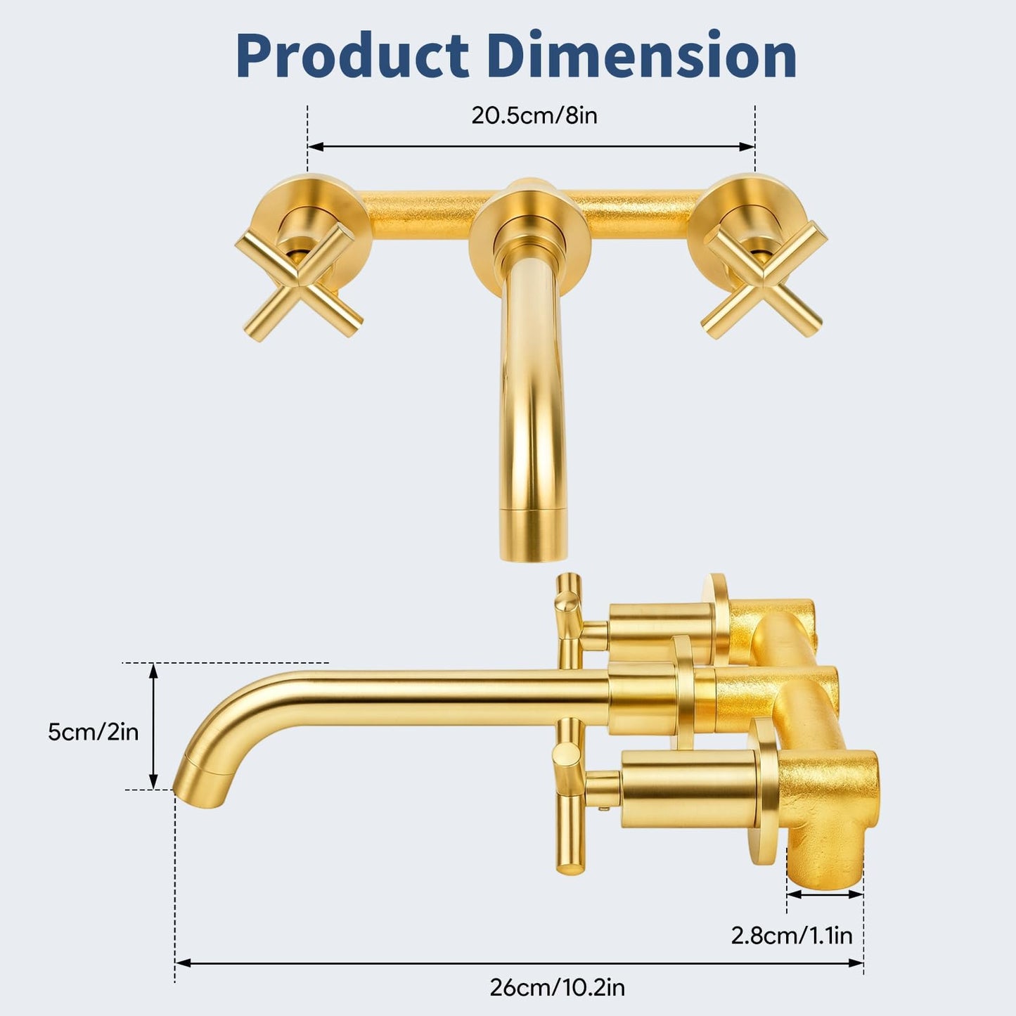 Noliven Brushed Gold Wall Mount Faucet, Brushed Brass Bathroom Sink Faucet, 2 Cross Handle Wall Mount Vessel Sink Faucet for Vanity Lavatory Sink, Wall Mounted, Rough-in Brass Valve Included