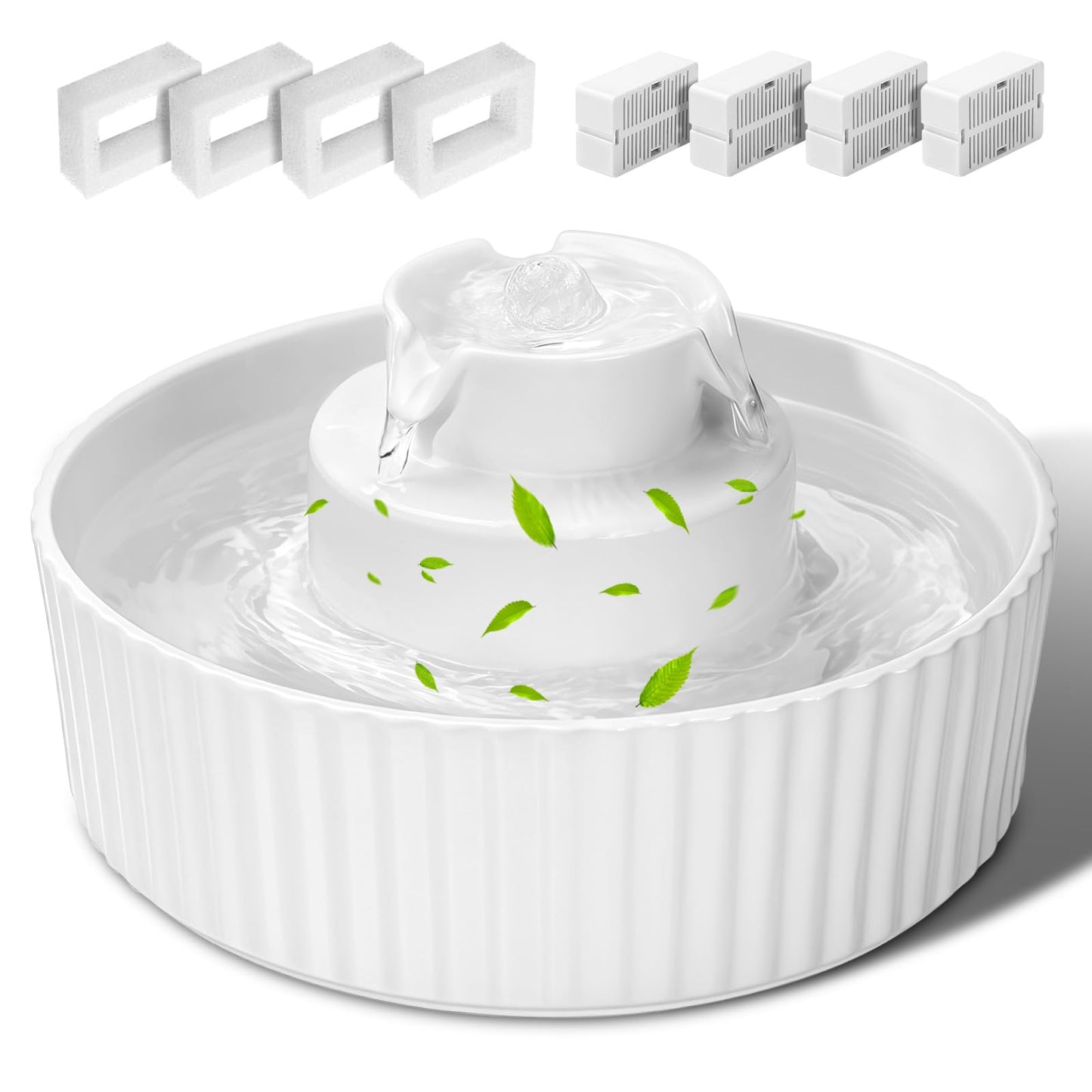 Ceramic Cat Water Fountain, 2.1L/70oz Porcelain Pet Drinking Dispenser with 4 Set Replacement Filter & Sponge, Automatic Dog Water Bowl with Ultra-Quiet Pump, Cat Feeding Watering Supplies(White)