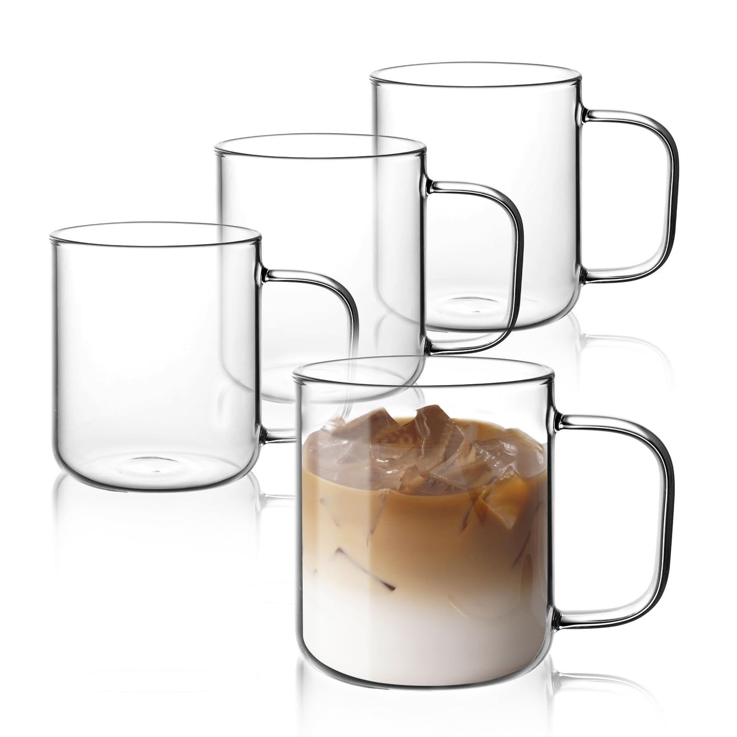 Rechano 17oz/500ml Glass Coffee Mugs Set of 4, Clear Large Wide Mouth Drinking Glasses with Big Handle for Hot/Iced Beverage, Latte, Cappuccino, Juice, Tea, Milk, Dishwasher Safe