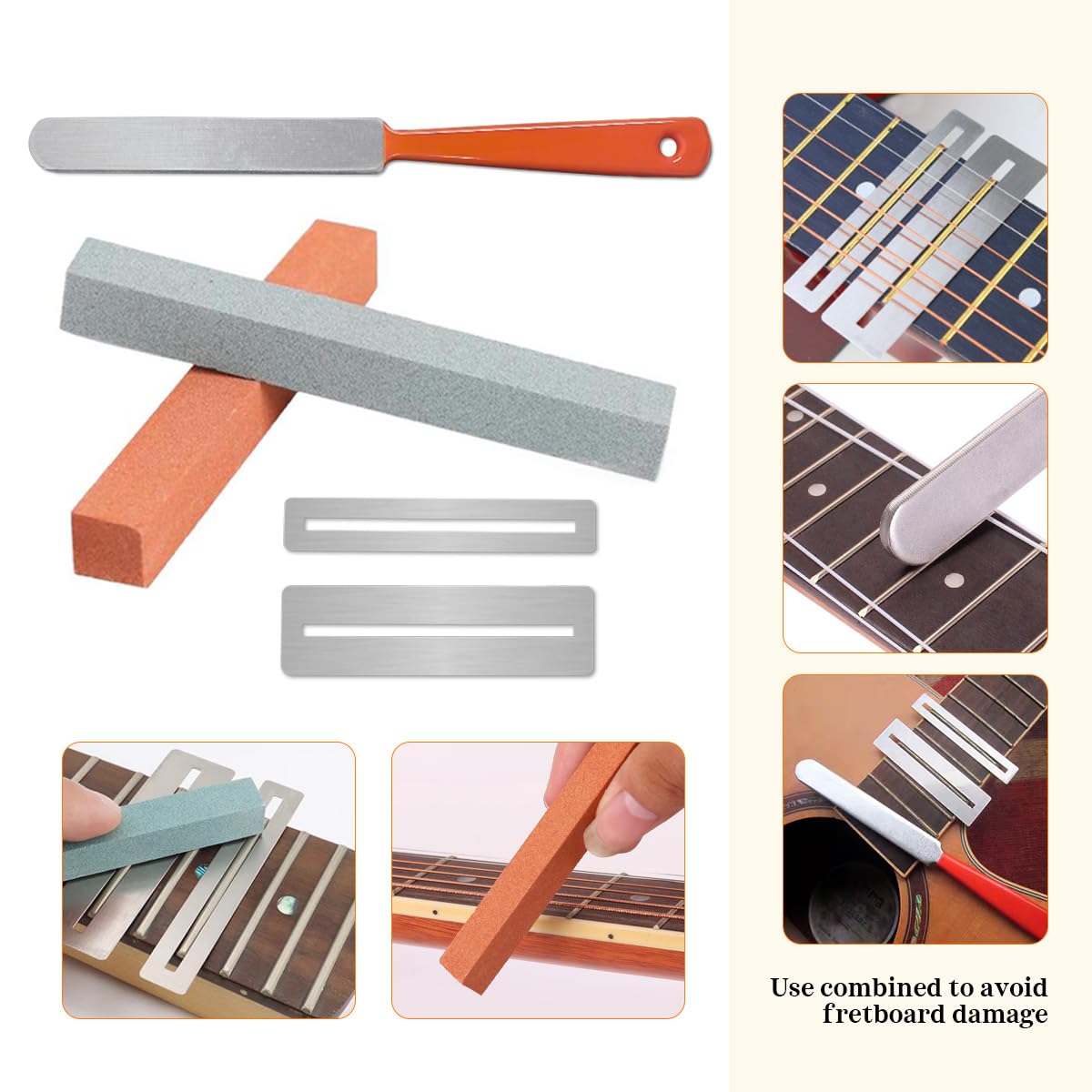 Guitar Neck Notched Straight Edge Luthiers Tool with Guitar Fret File, Fret Rocker, Fingerboard Guards Protectors and Grinding Stones for Gibson 24.75" and Fender 25.5" Electric Guitars