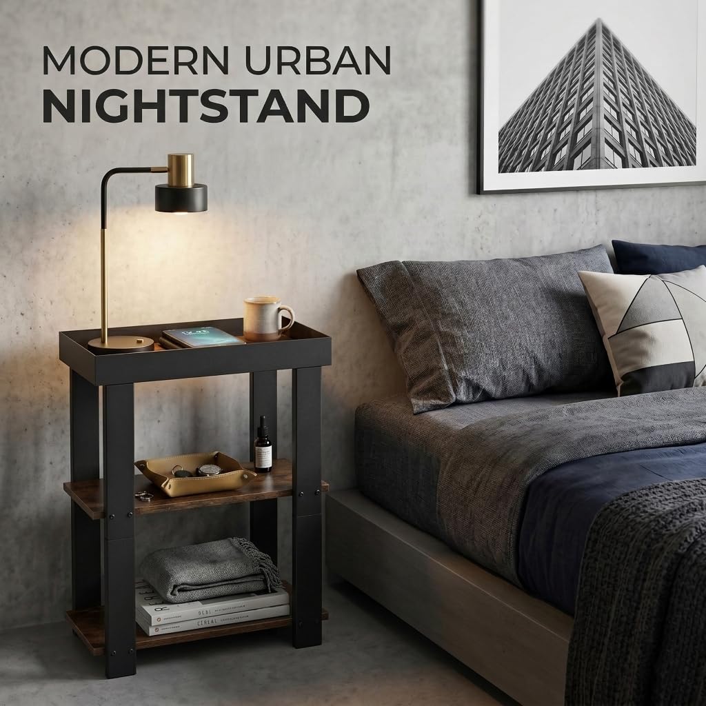 ZEXVIDA Narrow Side Table, 3-Tier Side Table, Rustic Farmhouse Narrow End Table with Storage, Slim Table Nightstand for Small Spaces, Bedroom or Living Room (Rustic Brown)