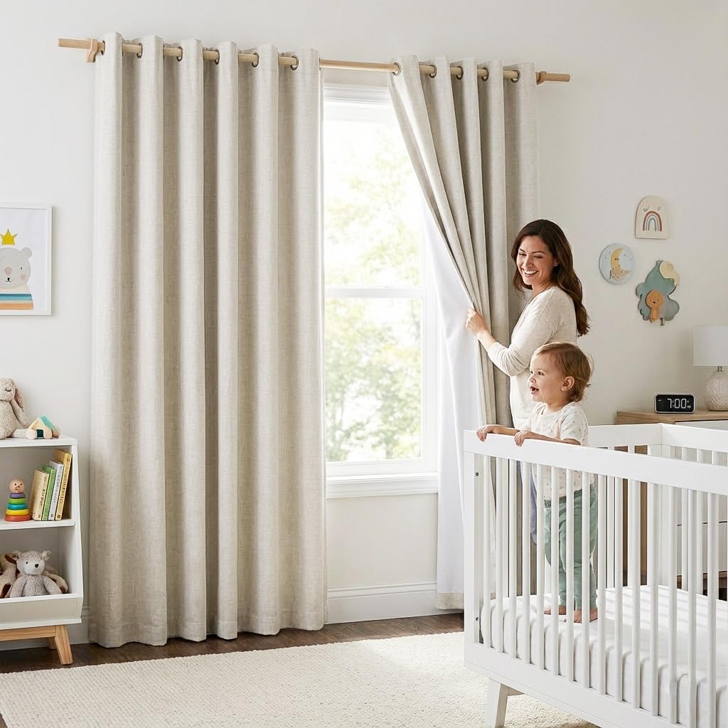 NICETOWN Linen Blackout Curtain 2 Panels Natural Curtains 95 Inches Long Thermal Insulated Privacy Protected Room Divider Extra Long Soundproof Window Draperies (2 Panels,52 inches W)