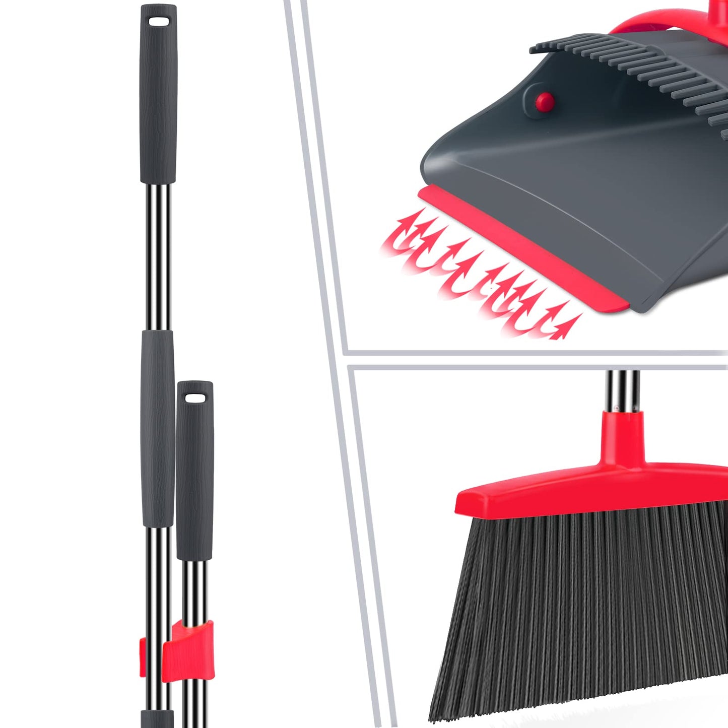 Ivandar Broom and Dustpan Set,Broom with Dustpan Combo Set Dust pan with Long Handle, for Home Kitchen Room Office Lobby Floor Use Upright Stand Up(Gray&Red)