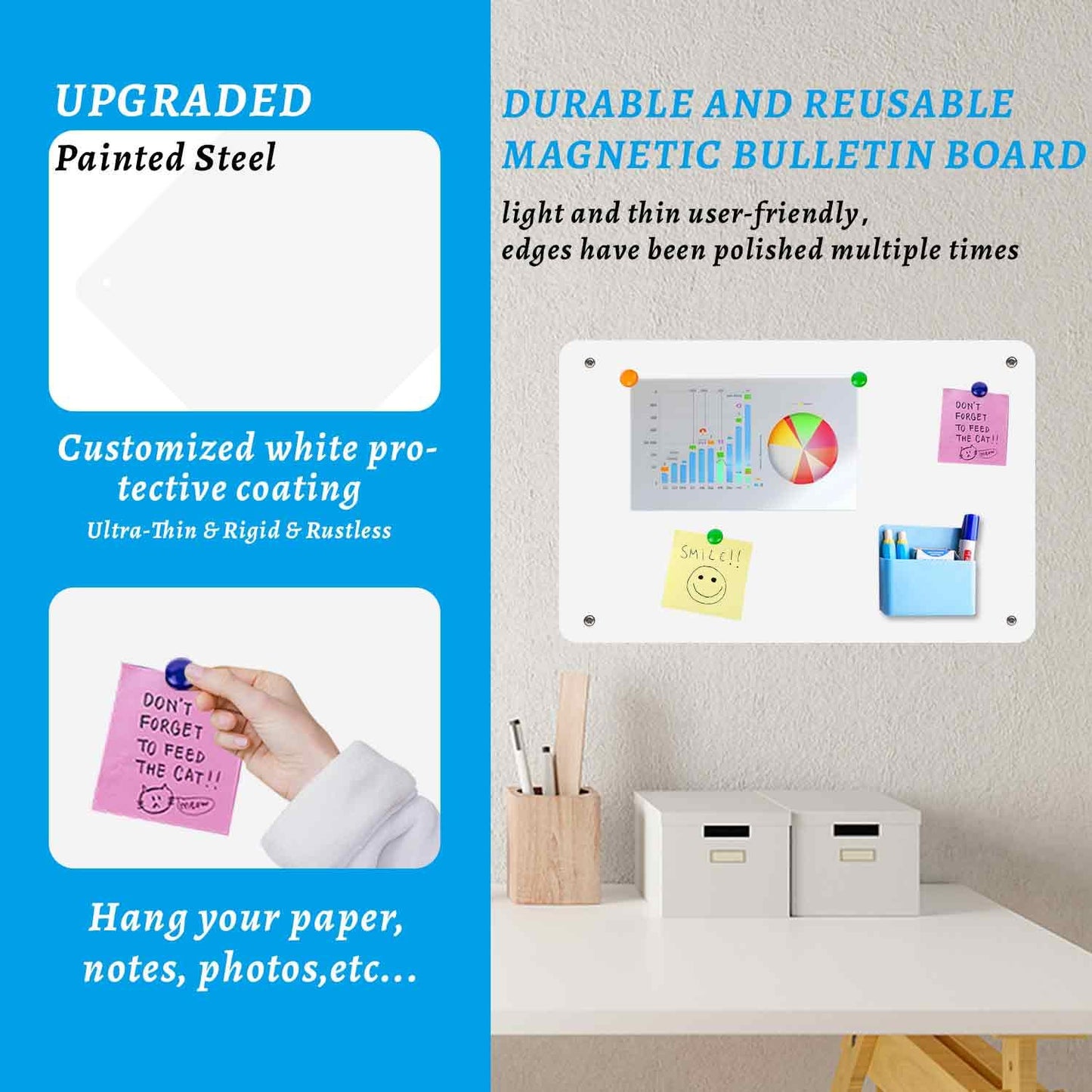 HAOIVE Magnetic Board 17.5" X 11.7" Magnet Board for Wall Stainless Steel Metal Magnetic Board for Wall for Magnet Display Photos Office Supplies Kitchen Stuff Bulletin Board Vision Board(White 2PC)