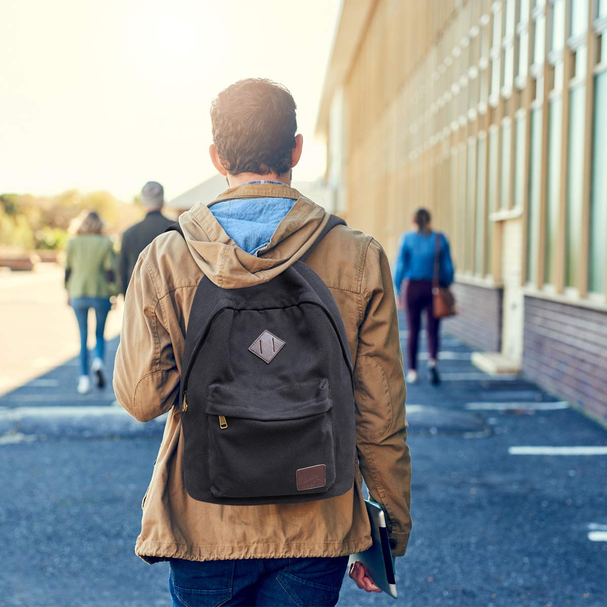 Canvas School Laptop Backpack, Durable Rucksack, Travel Notebook Bag, for Men Women (Black)