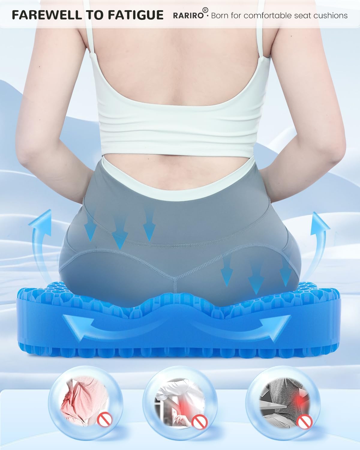 Thickened Gel Seat Cushion, Chair Seat Pads for Wheelchair, Gel Cushion Seat for Pressure Coccyx Sciatica Pain Relief, Egg Cushion for Car Office Chair, Cooling Cushion for Long Sitting[Blue-2.75"]