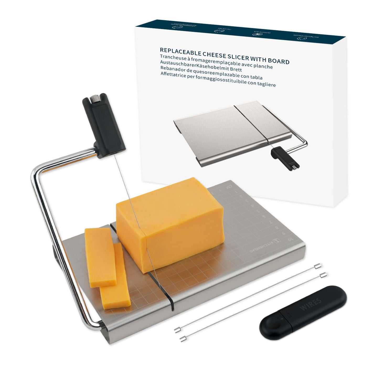 KITCHENDAO Replaceable Wire Cheese Slicer with Board and Measuring Grids,Tightness Adjustable Stainless Steel Metal Cheese Cutter for Block Cheese, Dishwasher Safe, with 2 Extra Wires